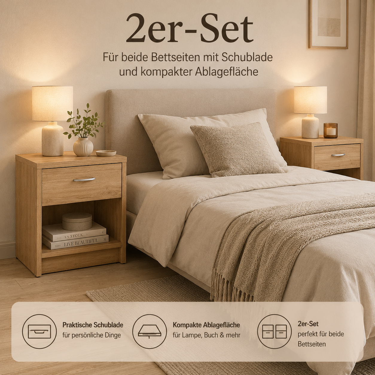 Nachttisch 2er-Set 50 cm mit Schublade