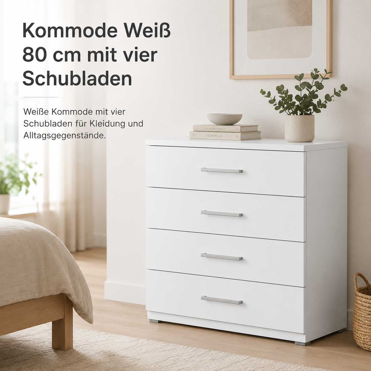 Kommode Weiß 80 cm mit vier Schubladen