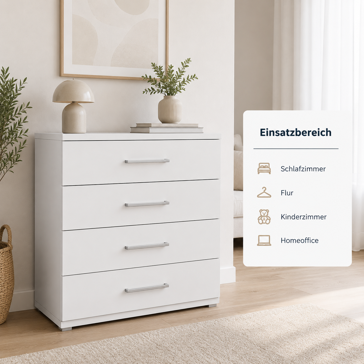 Kommode Weiß 80 cm mit vier Schubladen