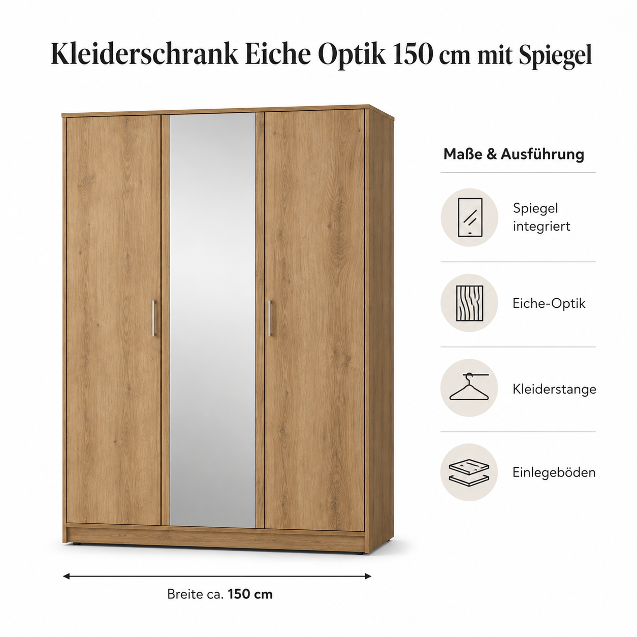 Kleiderschrank Eiche Optik 150 cm mit Spiegel