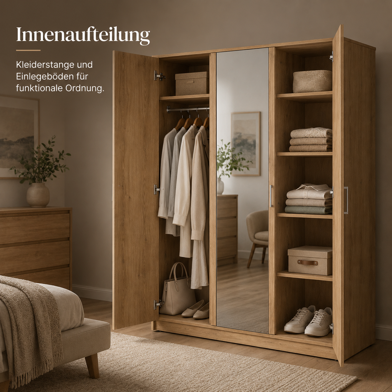 Kleiderschrank Eiche Optik 150 cm mit Spiegel