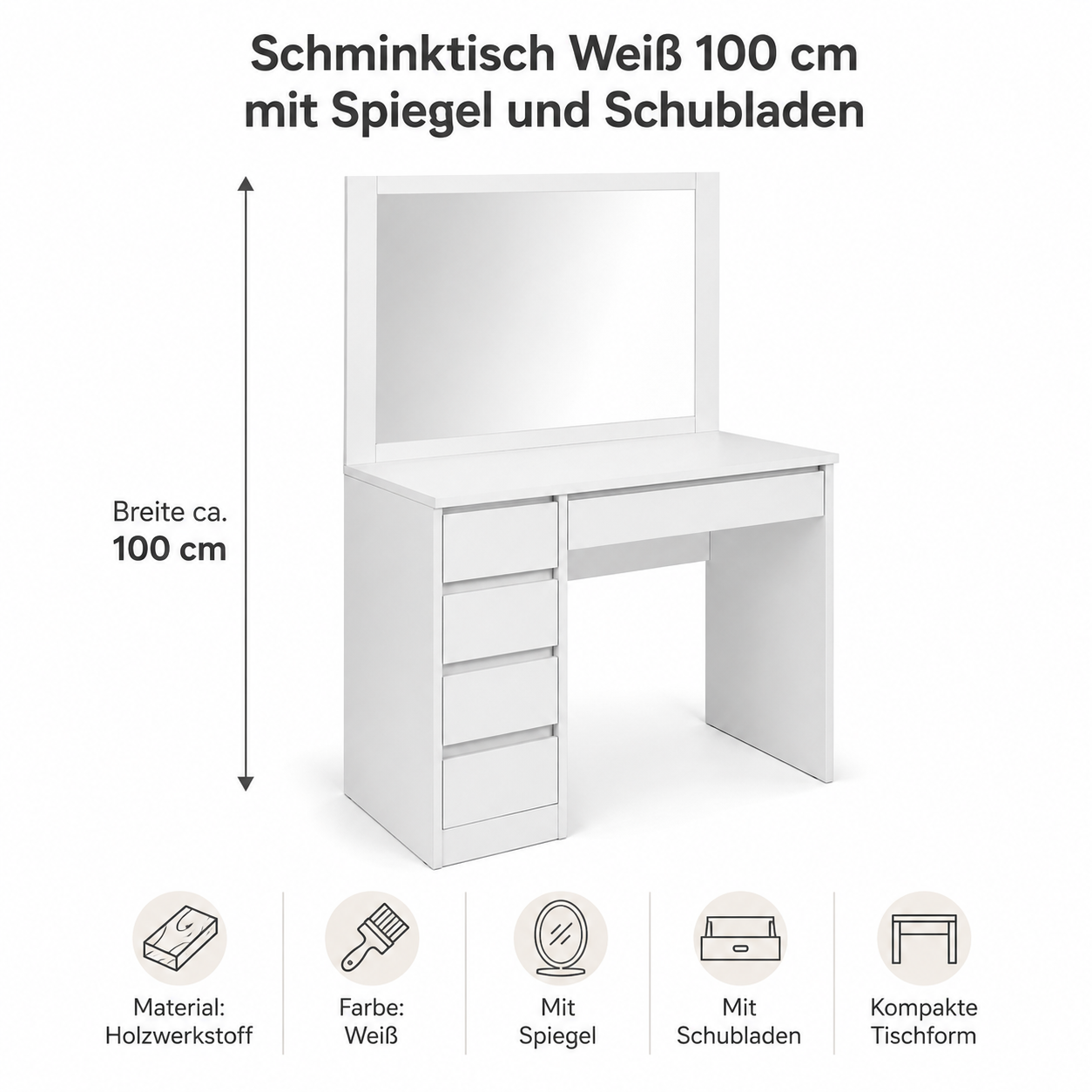 Schminktisch Weiß 100 cm mit Spiegel und Schubladen
