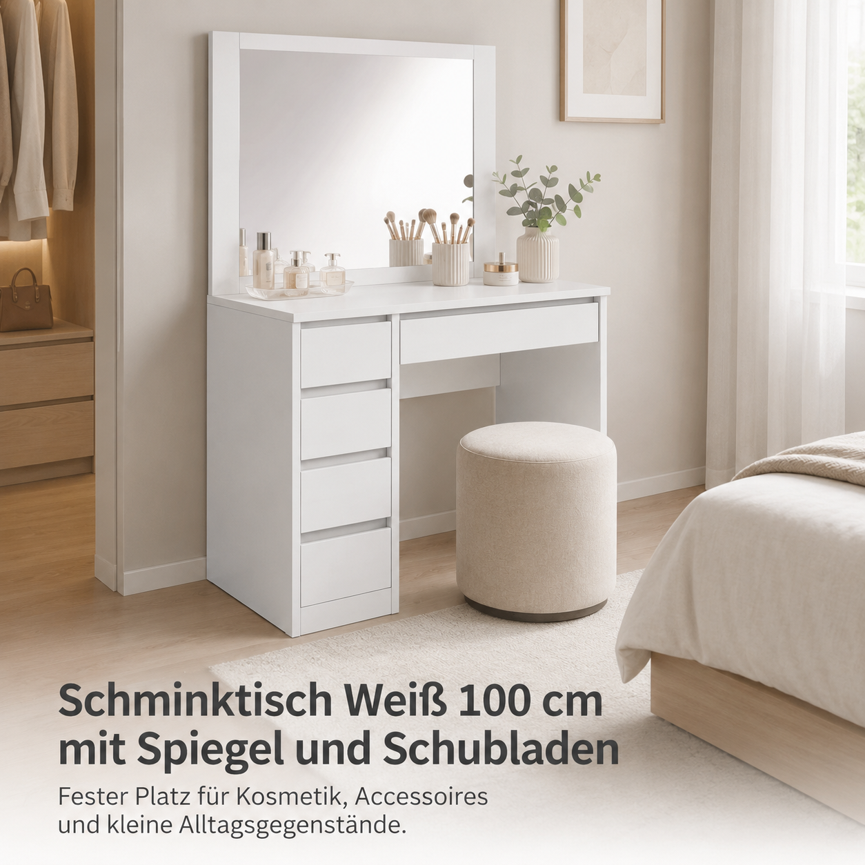 Schminktisch Weiß 100 cm mit Spiegel und Schubladen