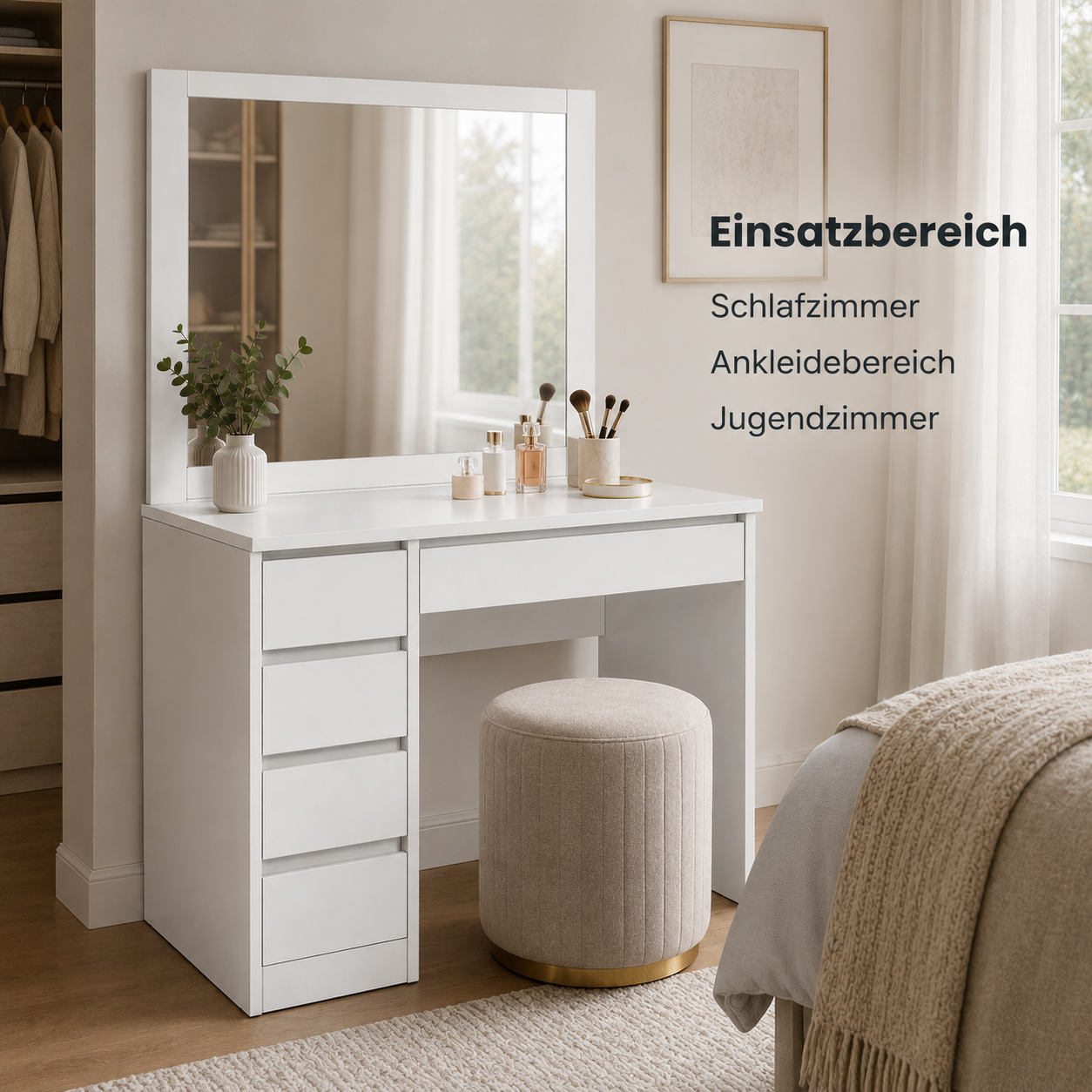 Schminktisch Weiß 100 cm mit Spiegel und Schubladen