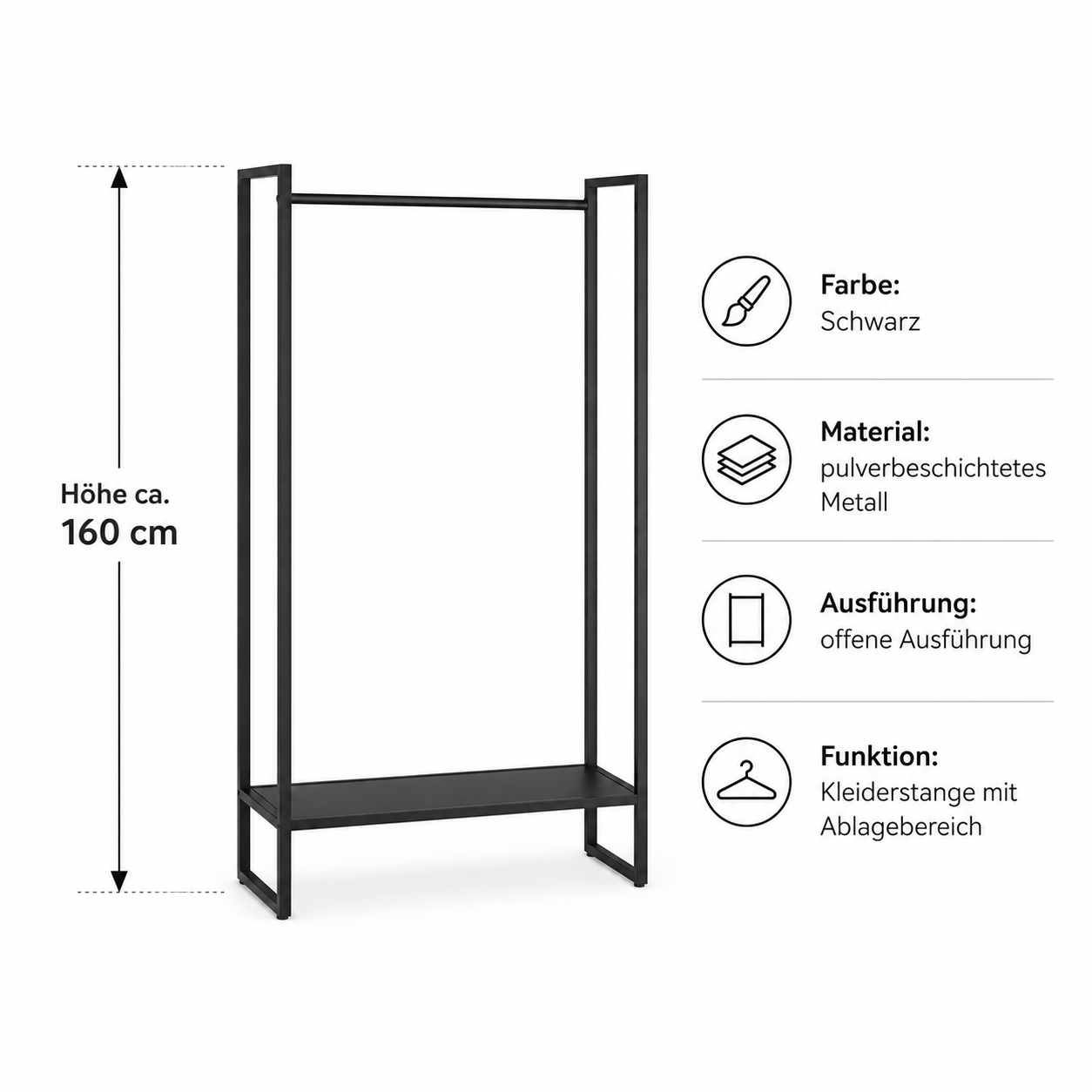 Kleiderständer Schwarz Metall 160 cm