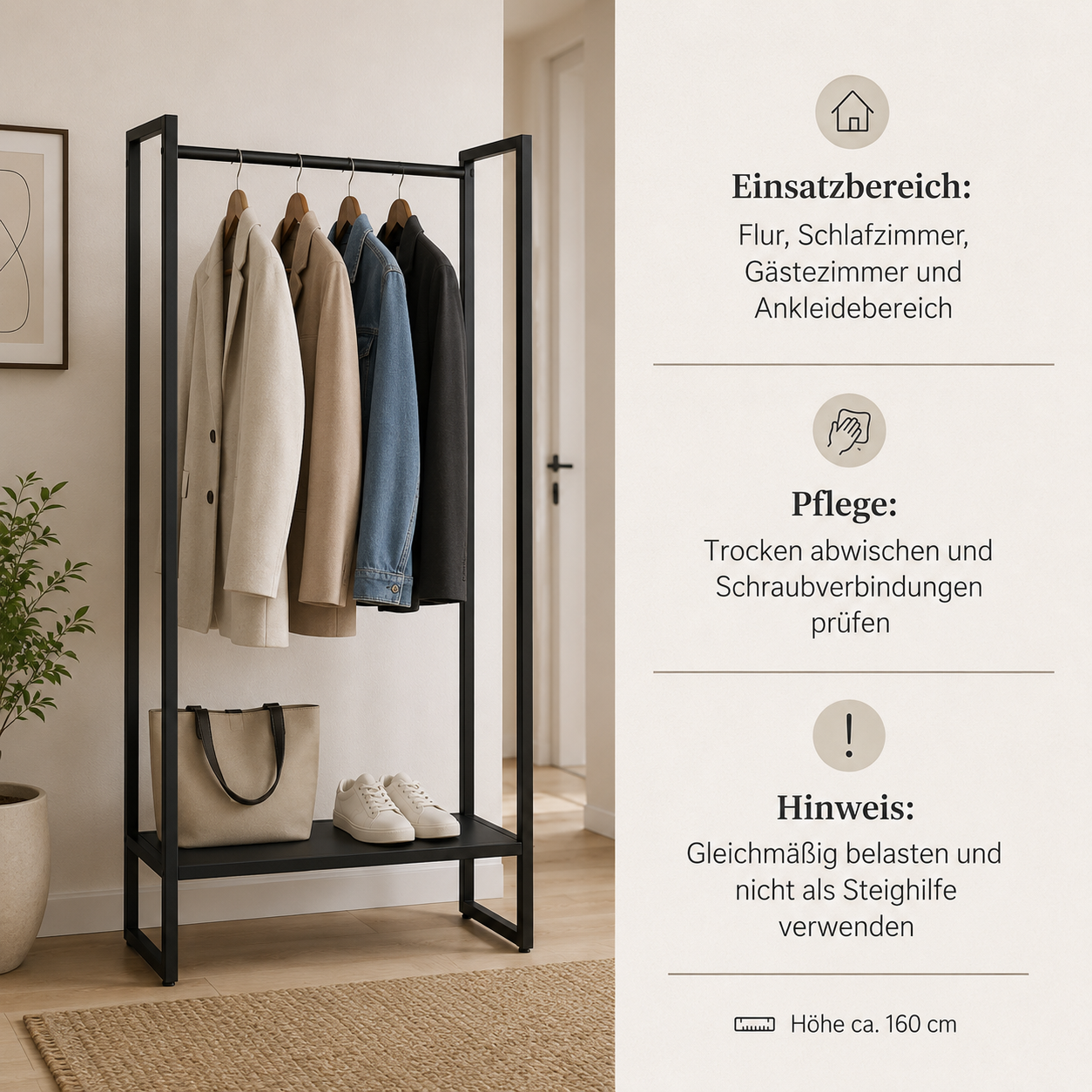 Kleiderständer Schwarz Metall 160 cm