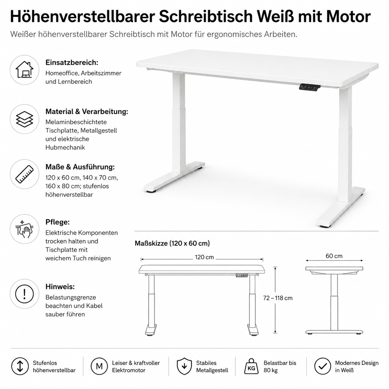 Höhenverstellbarer Schreibtisch Weiß mit Motor