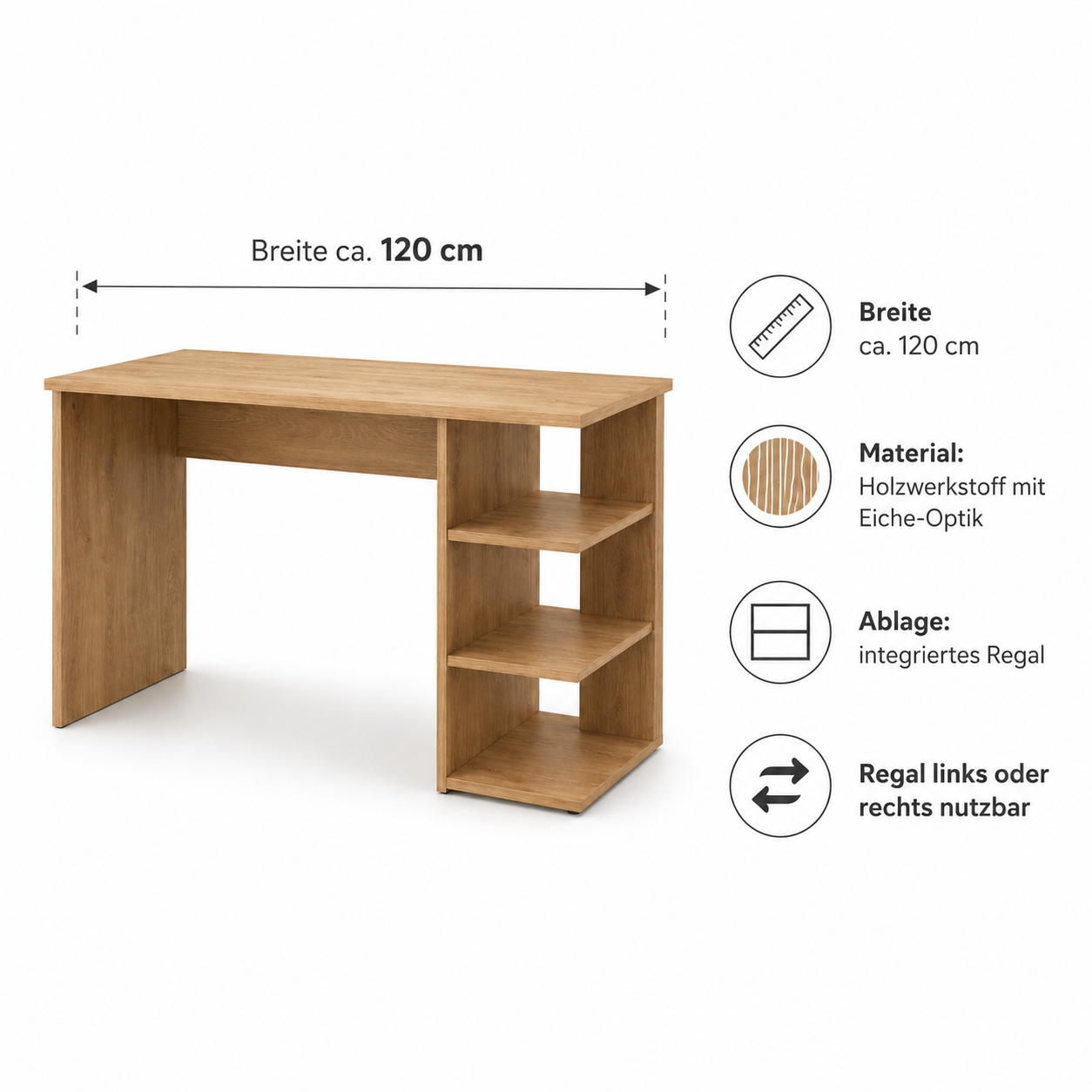 Schreibtisch Eiche Optik 120 cm mit Regal