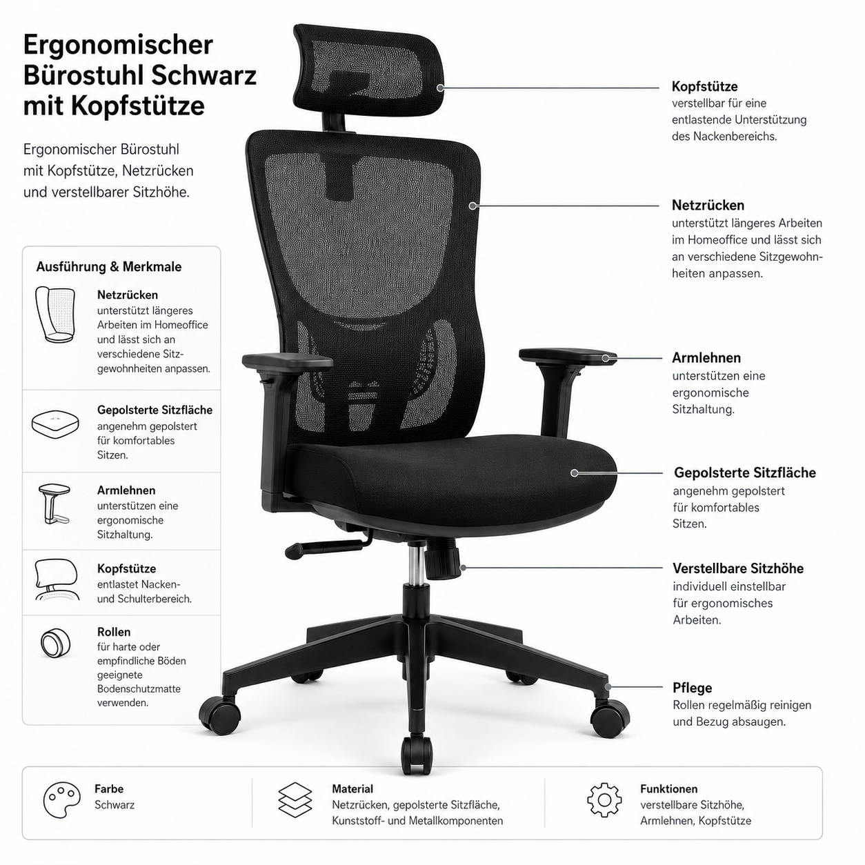 Ergonomischer Bürostuhl Schwarz mit Kopfstütze