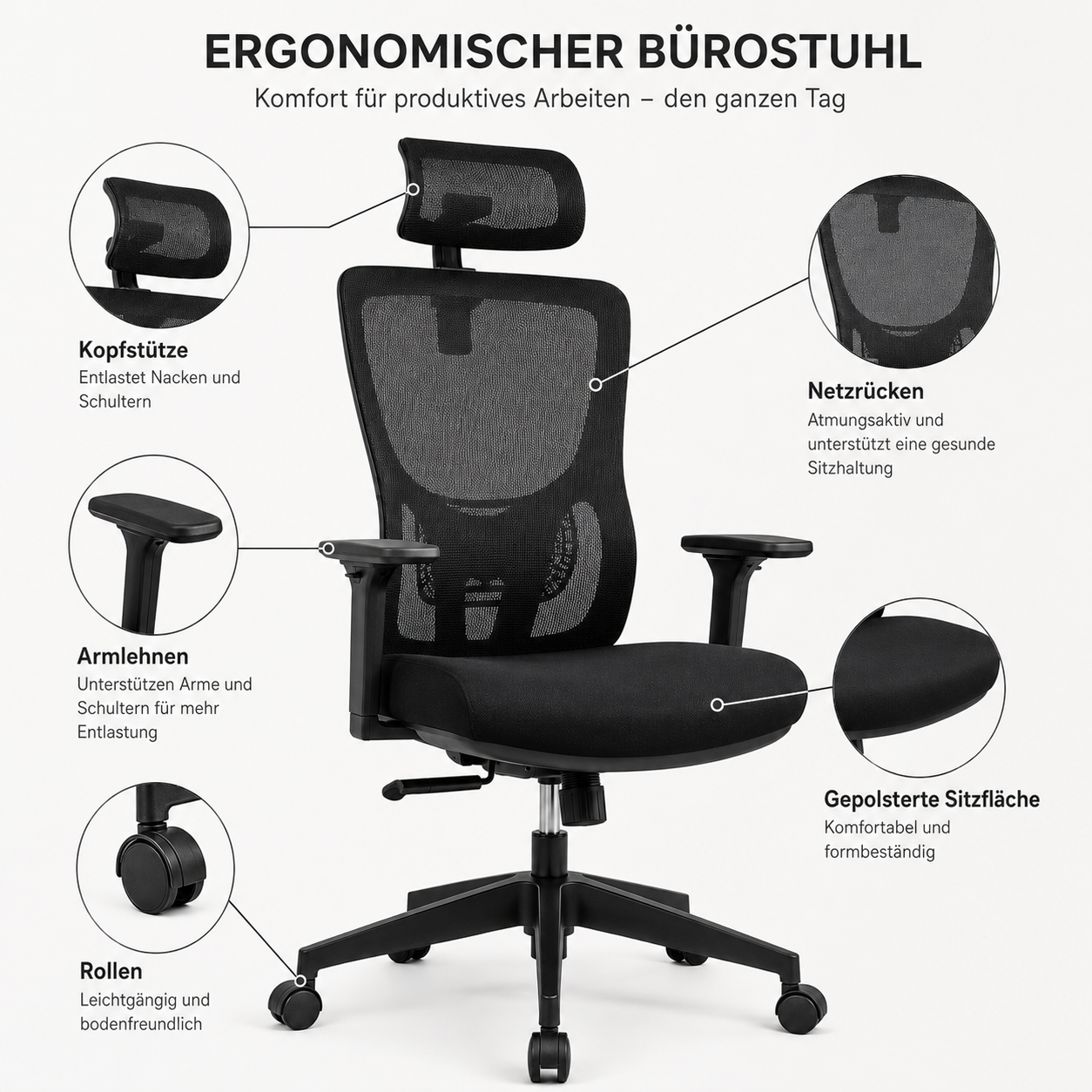 Ergonomischer Bürostuhl Schwarz mit Kopfstütze