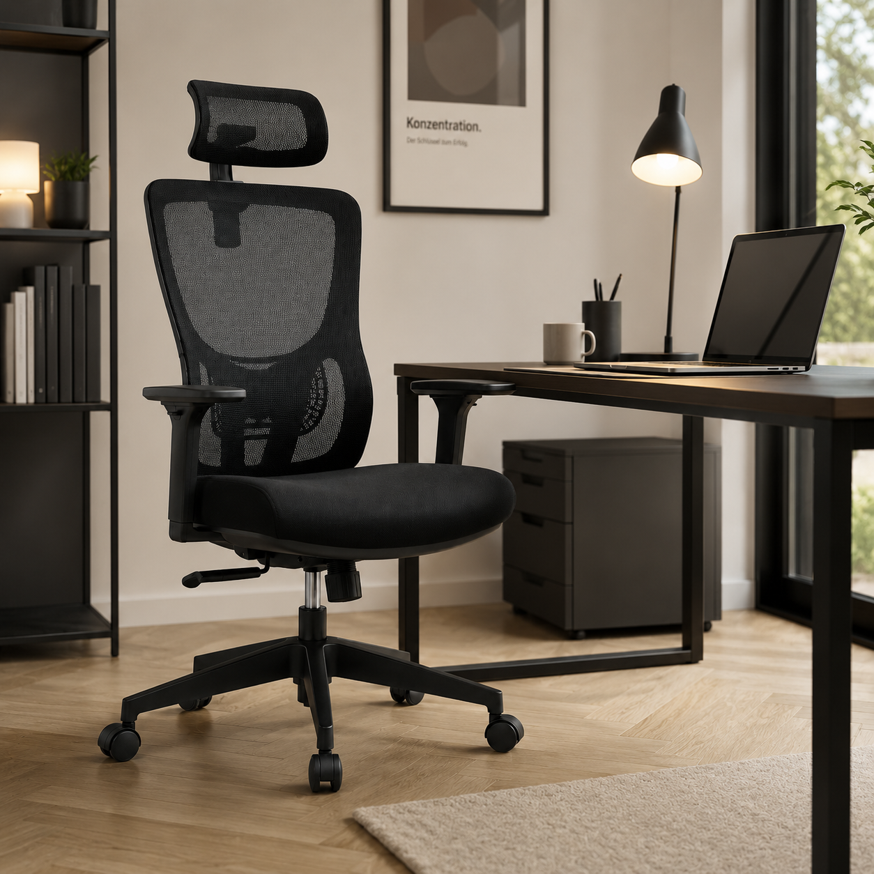 Ergonomischer Bürostuhl Schwarz mit Kopfstütze