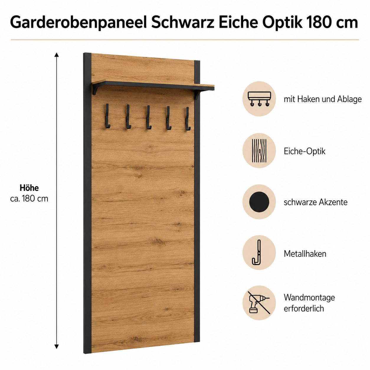 Garderobenpaneel Schwarz Eiche Optik 180 cm