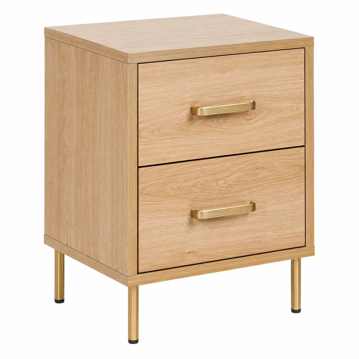 Mesita de noche minimalista color madera clara con tiradores dorados y patas metalicas-loftelva