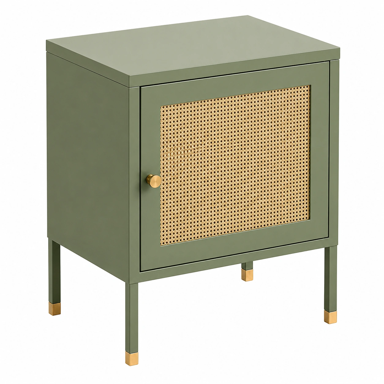 Mesita de noche minimalista verde oliva con puerta de ratan natural y detalles dorados para dormitorio moderno-loftelva