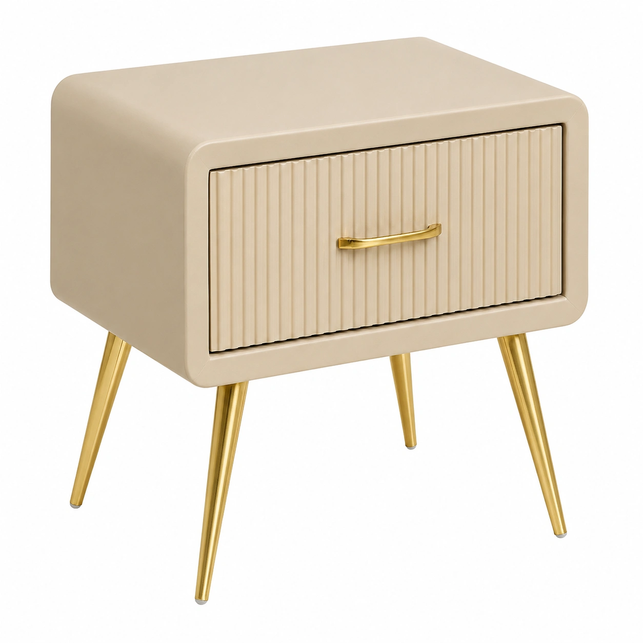 Mesita de noche beige compacta con cajon frontal texturizado y patas doradas de estilo moderno minimalista-loftelva
