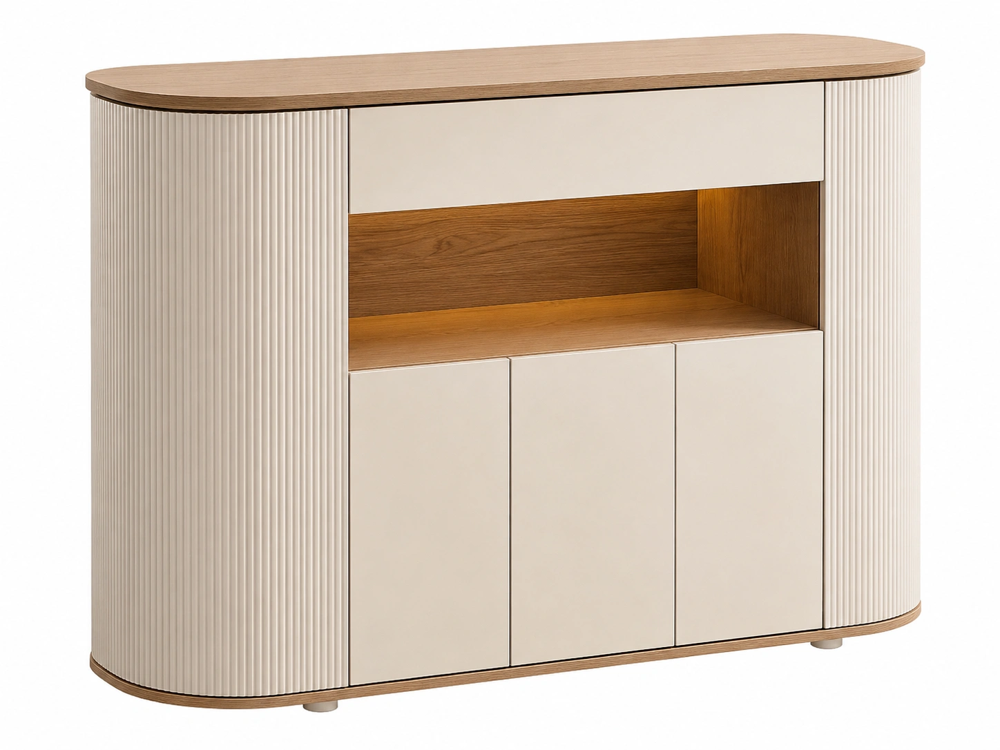 Aparador moderno beige y madera natural con bordes curvos y almacenamiento amplio para salon-loftelva