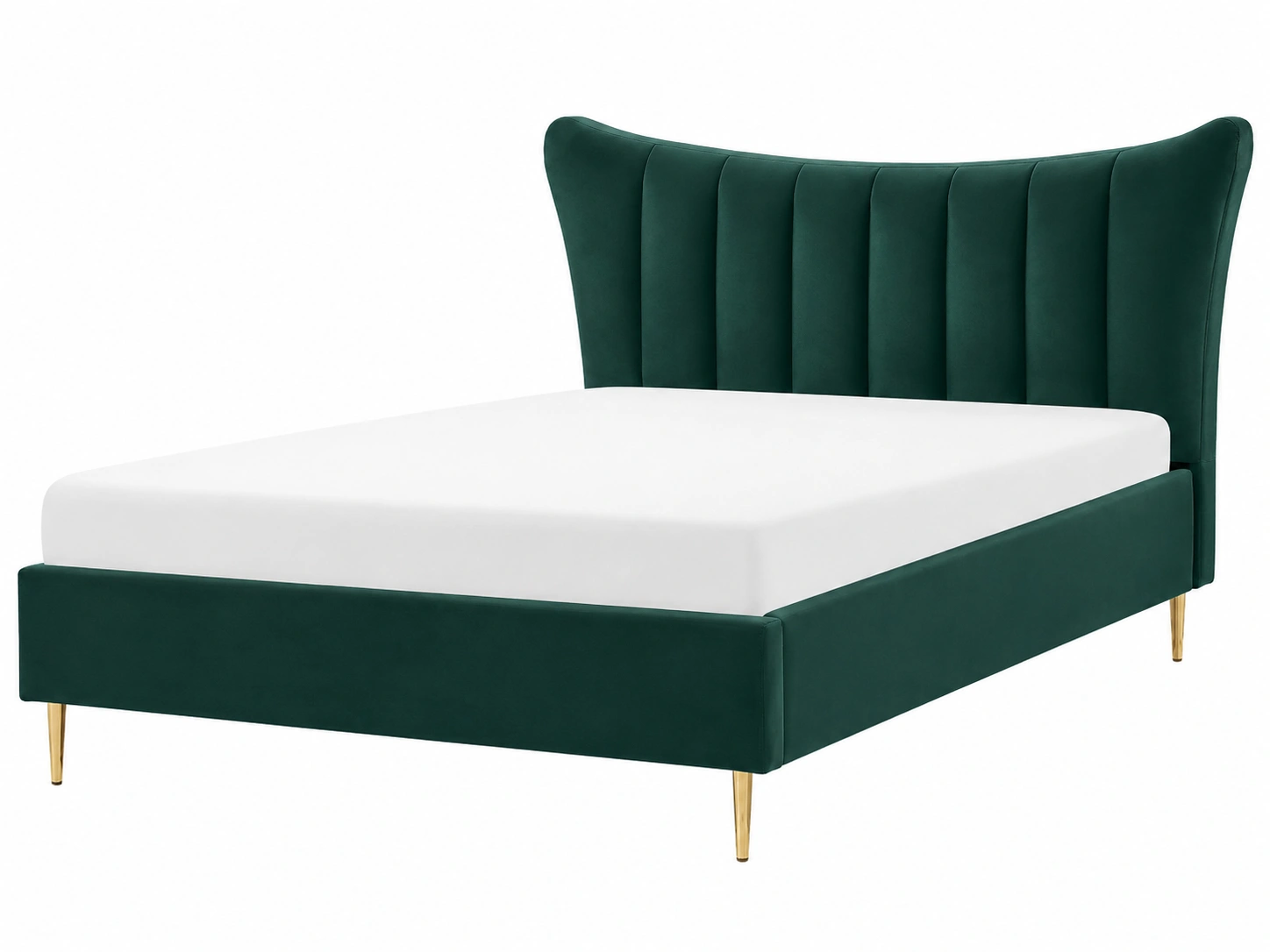 Cama tapizada moderna verde oscuro con cabecera acanalada y patas doradas-loftelva