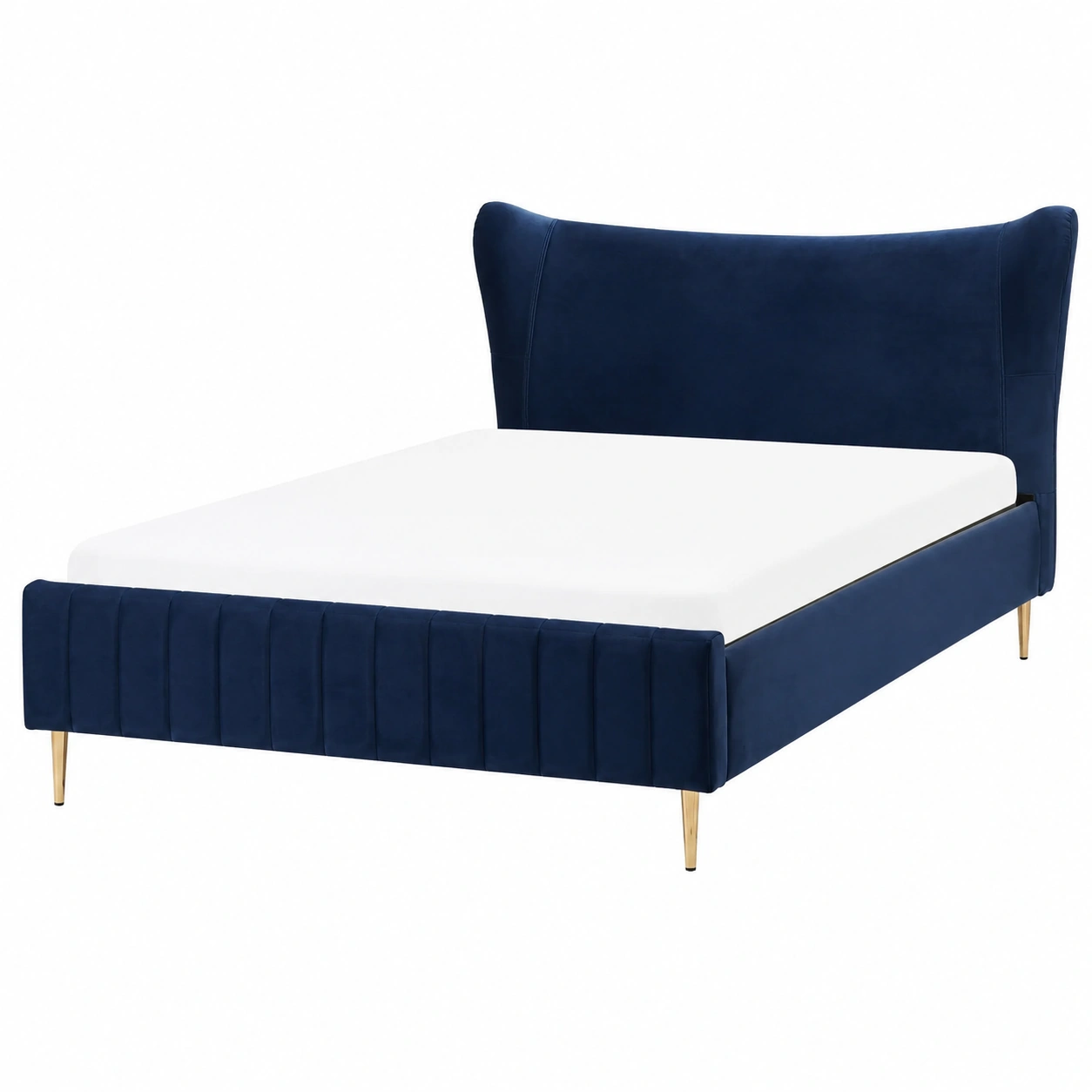 Cama tapizada azul marino moderna con cabecera curva y patas doradas-loftelva