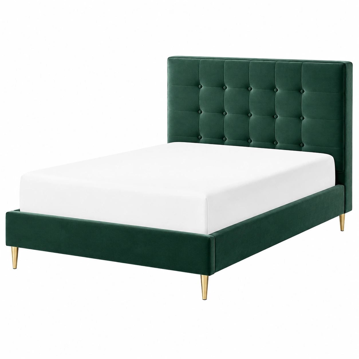 Cama tapizada moderna verde oscuro con cabecera acolchada y patas doradas-loftelva