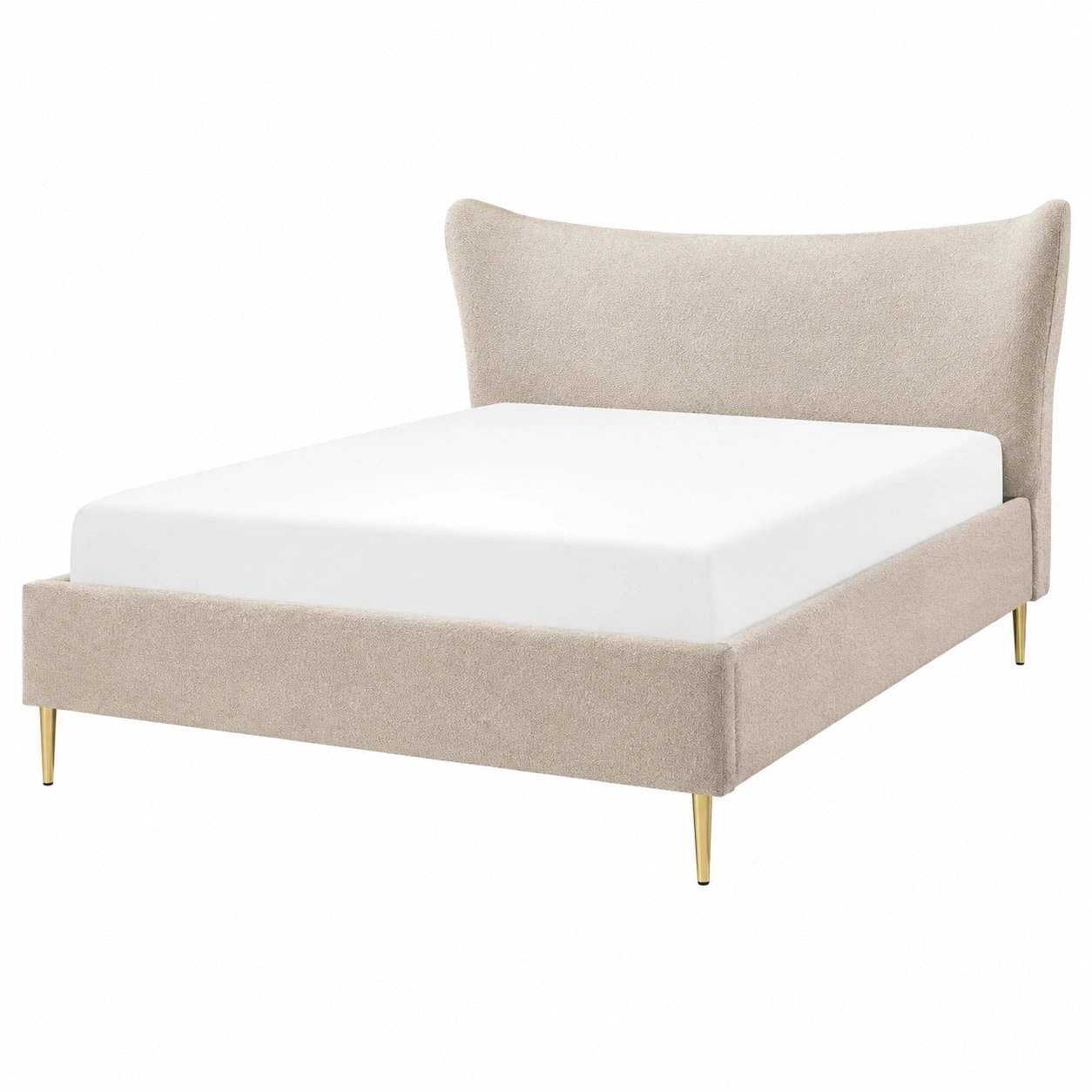 Cama tapizada minimalista de borrego beige con cabecero curvo y patas doradas-loftelva