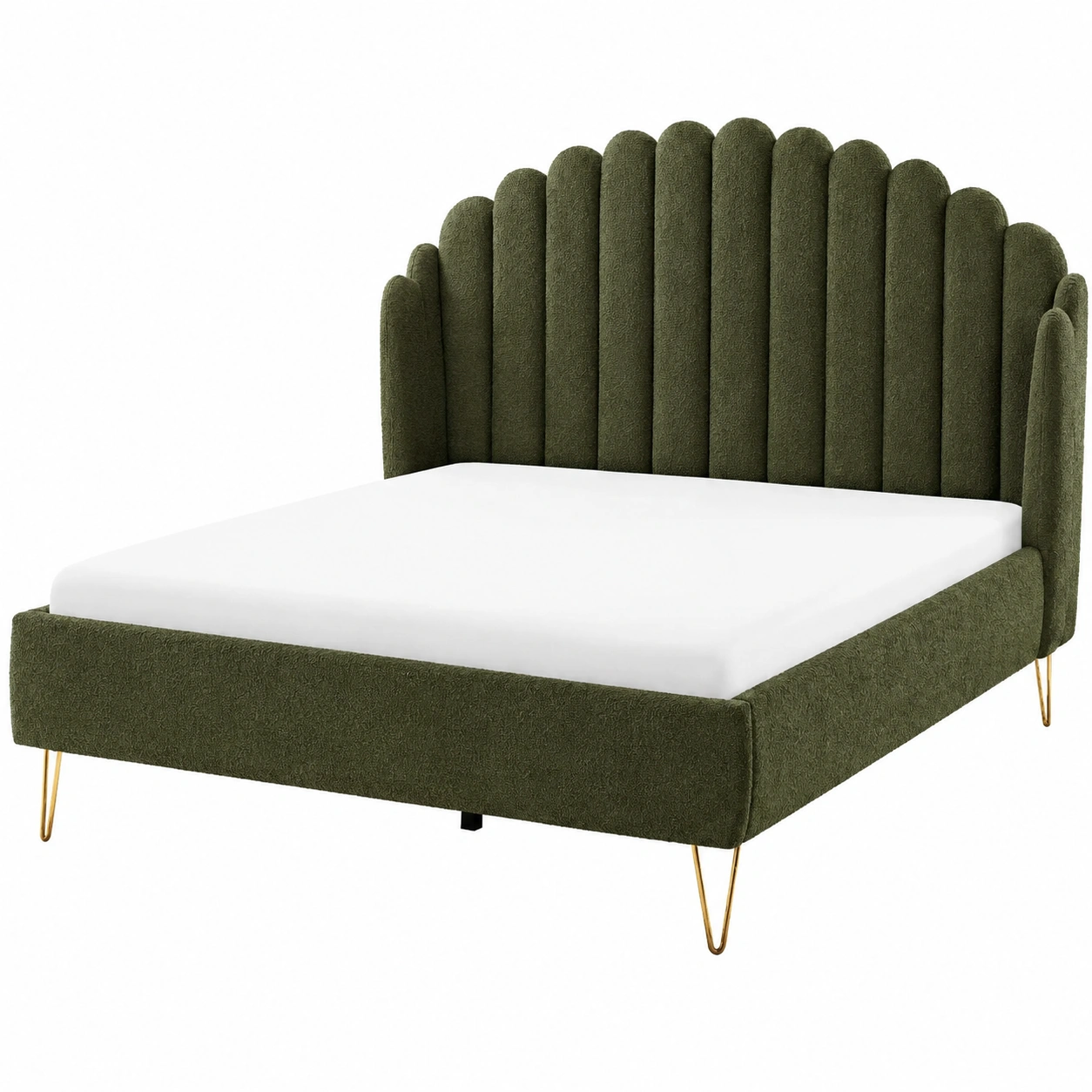 Cama tapizada moderna verde oliva con cabecero acolchado vertical y patas doradas elegantes para dormitorio-loftelva