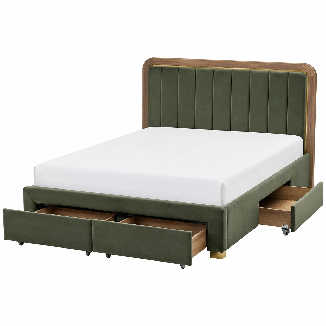 Cama tapizada verde con almacenamiento inferior y cabecero acolchado contemporaneo-loftelva