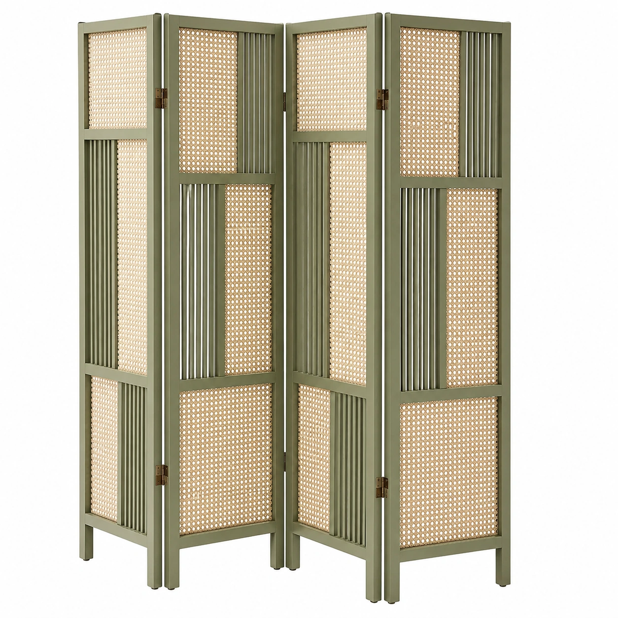 Biombo separador plegable moderno verde salvia de madera y rejilla de ratan natural-loftelva