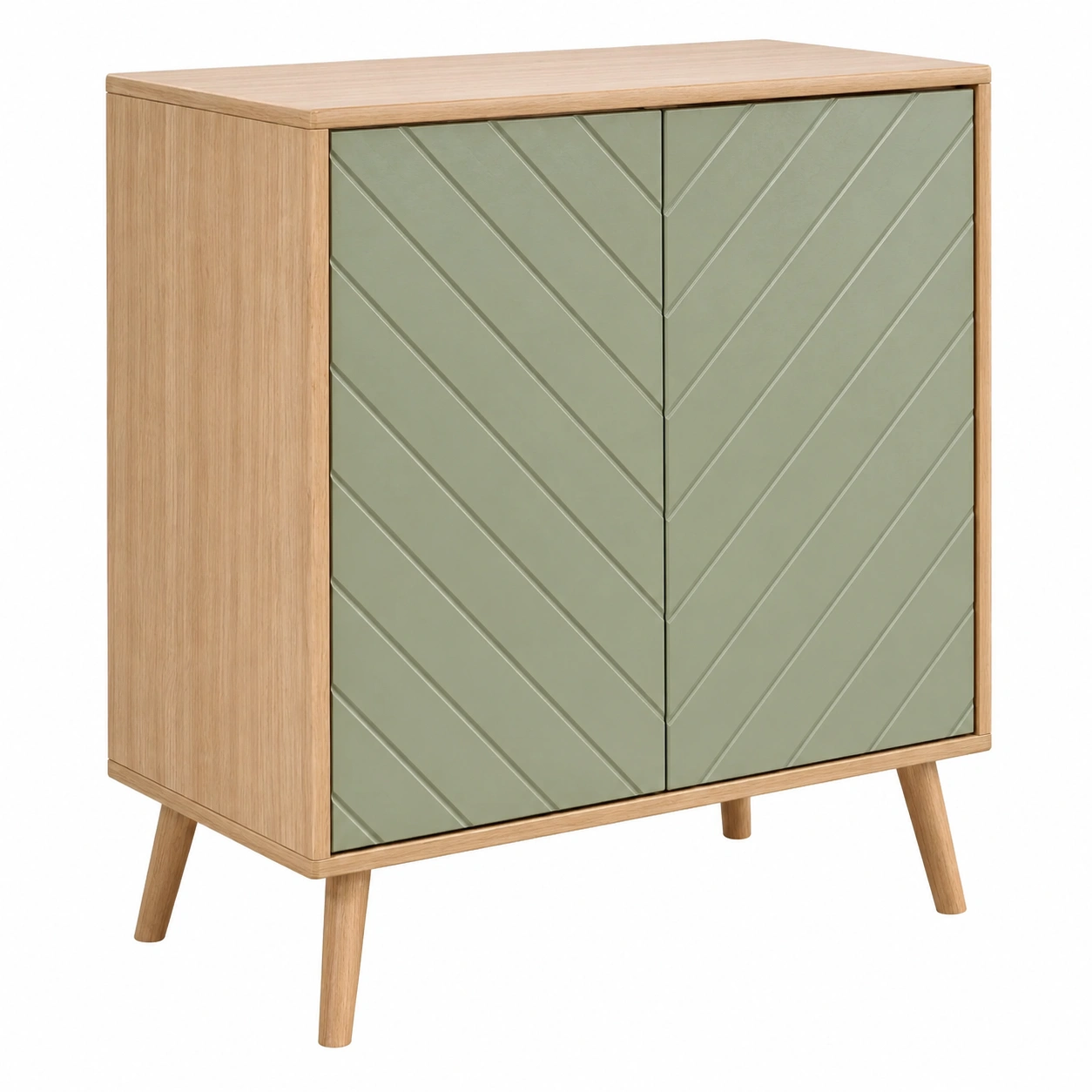 Aparador bajo verde salvia con estructura de madera natural y puertas geometricas-loftelva