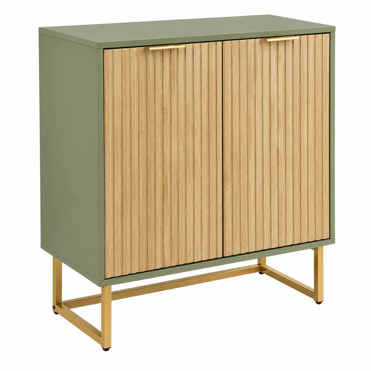 Aparador alto de madera natural con cuerpo verde oliva, puertas acanaladas y patas doradas-loftelva