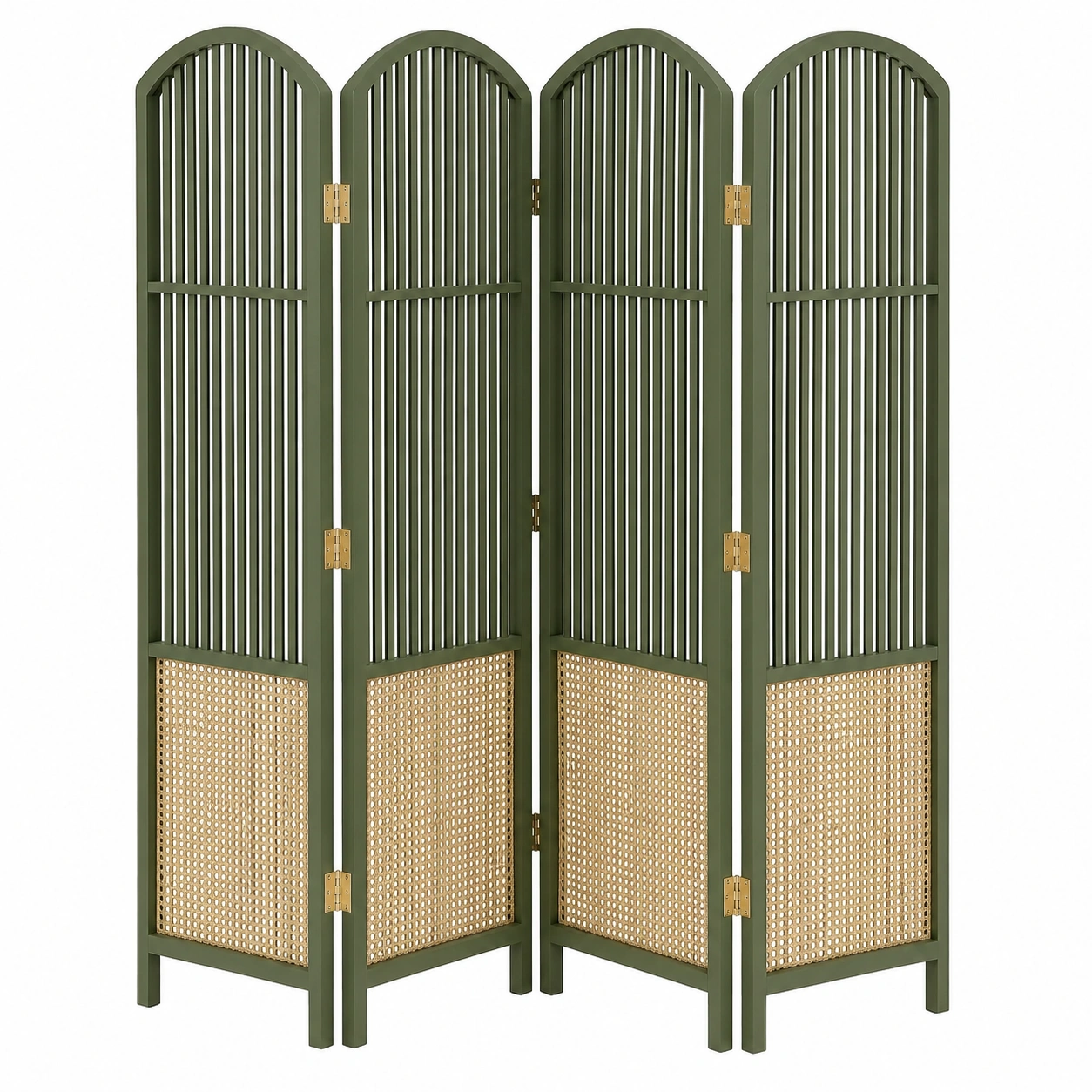 Biombo plegable verde oliva con paneles de ratán natural y lamas verticales-loftelva