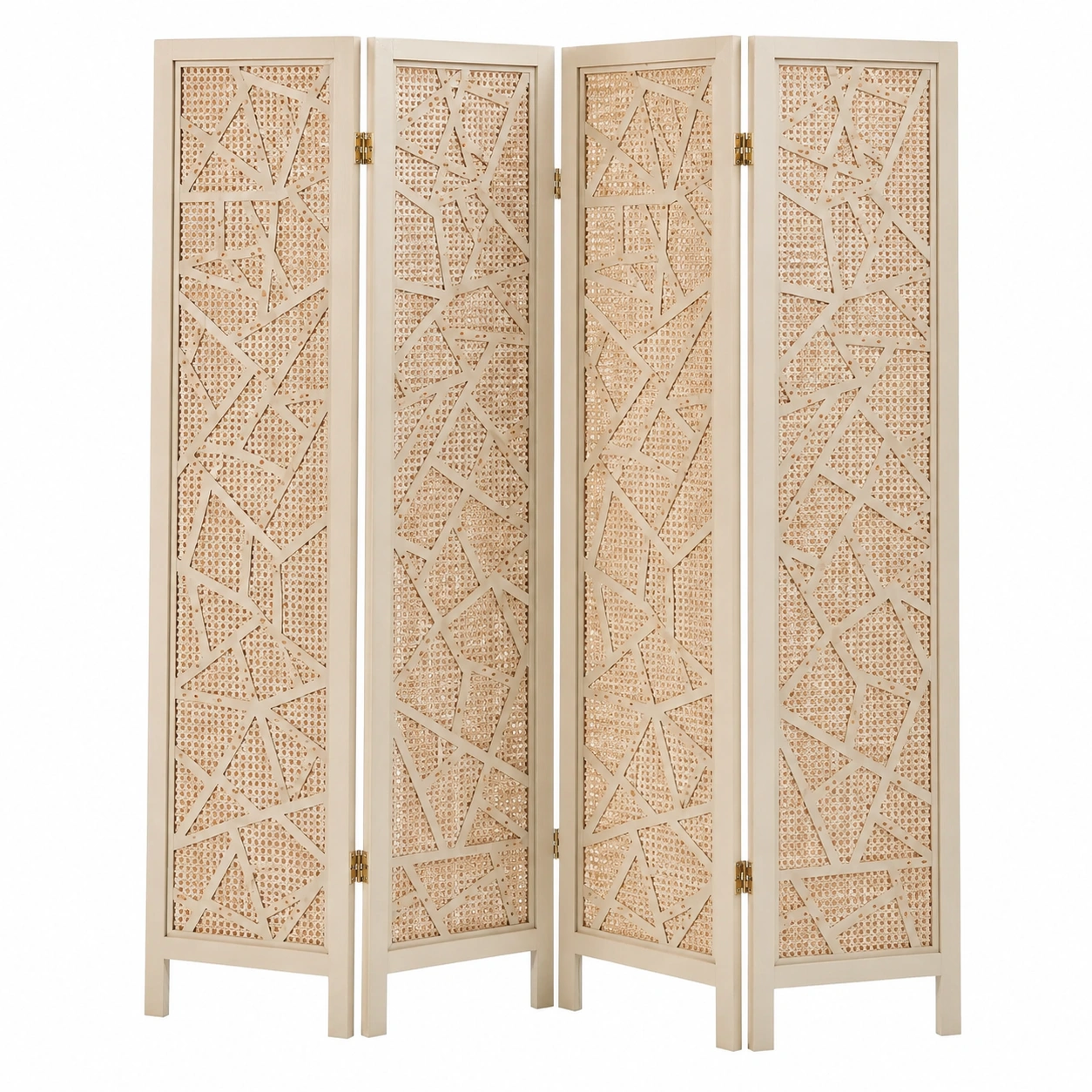 Biombo plegable beige con ratán natural y diseño geometrico calado-loftelva