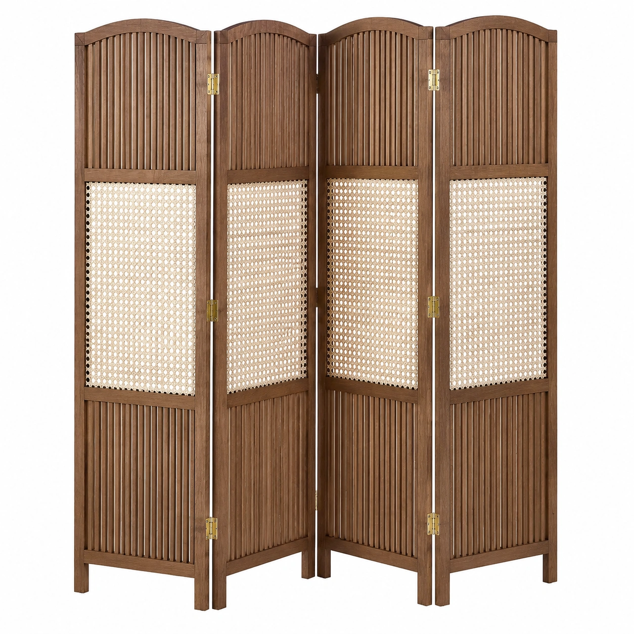 Biombo separador plegable de madera marron con rejilla de ratan natural y lamas verticales decorativas-loftelva