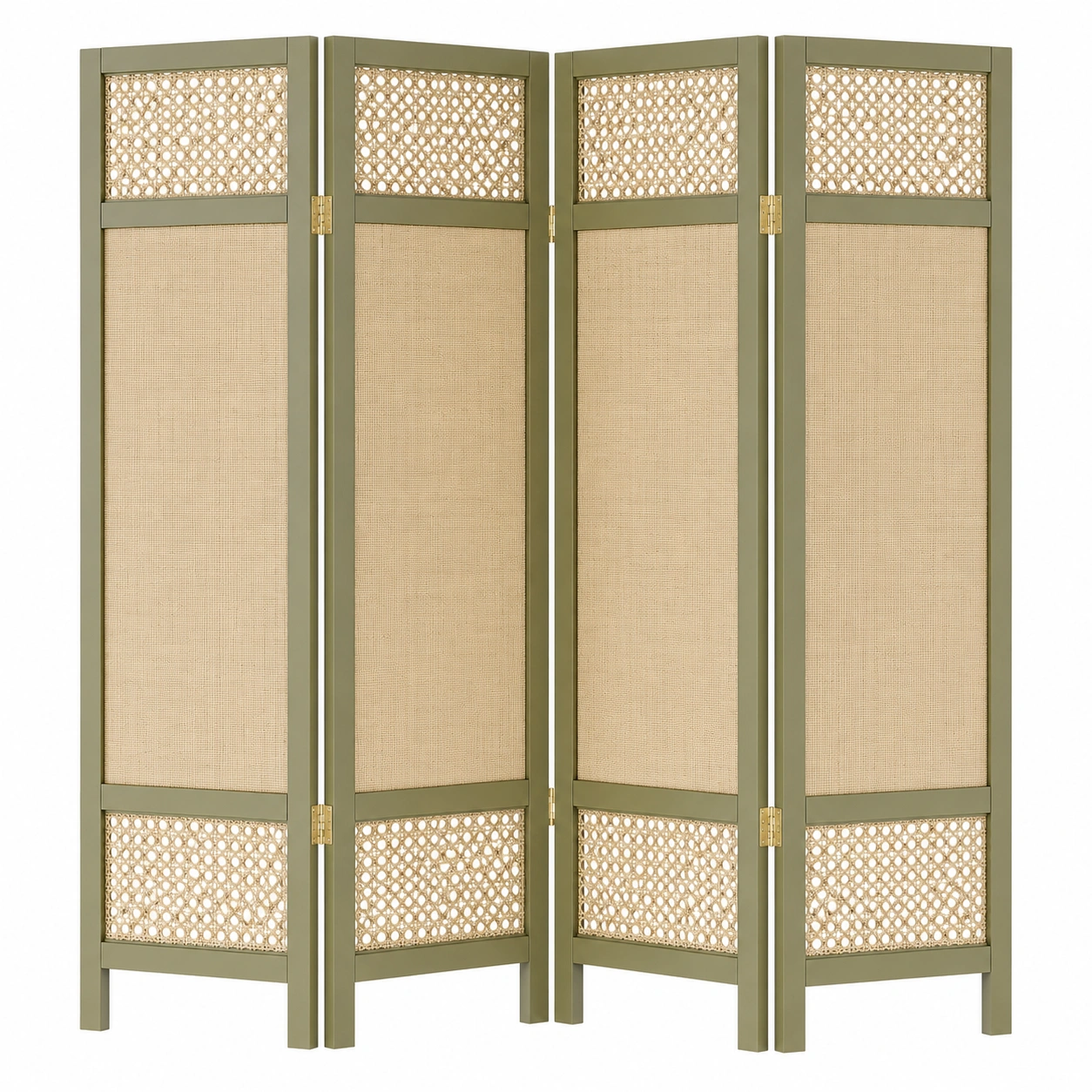 Biombo separador plegable beige con marco verde oliva y paneles de ratan decorativo-loftelva