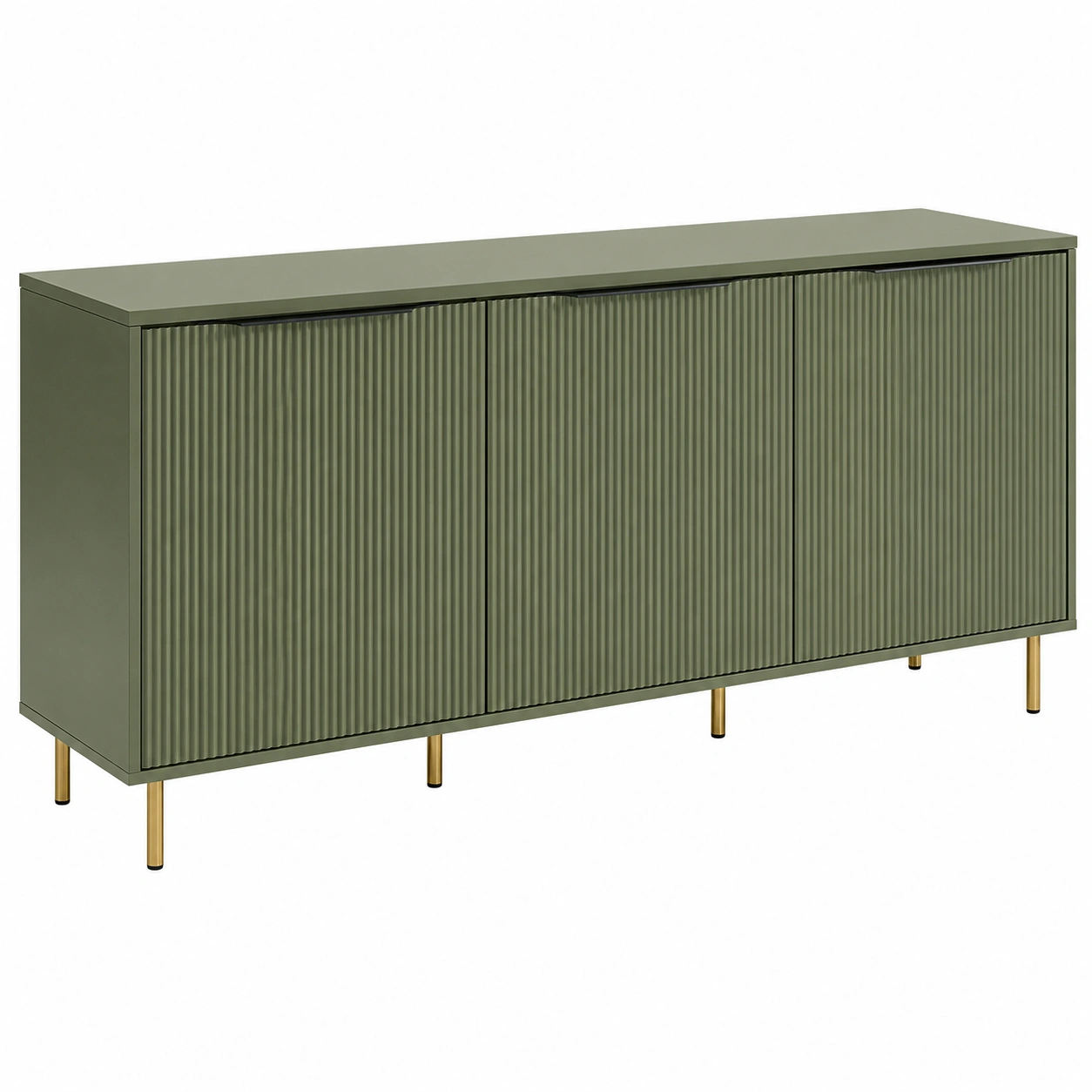 Aparador bajo verde oliva con puertas acanaladas, patas doradas y estilo moderno elegante-loftelva