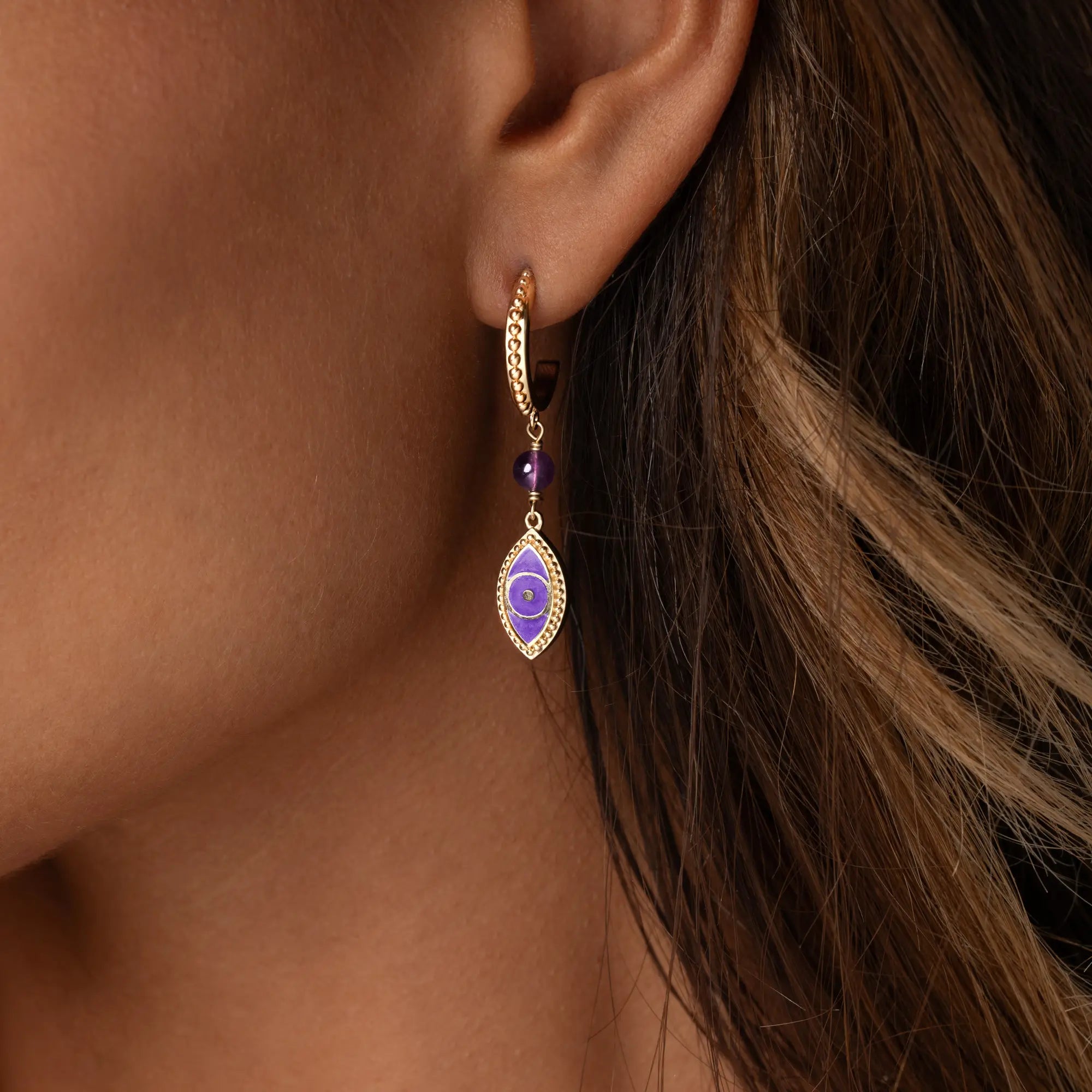 Radiant Clarity Amethyst Evil Eye Gold Earrings