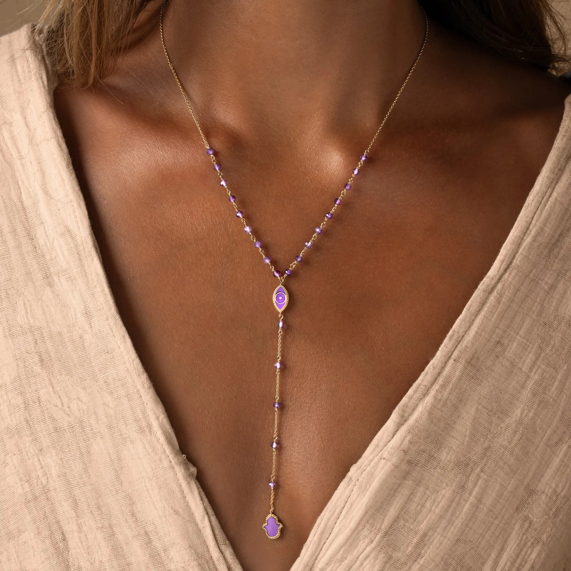 Guardian Spirit Amethyst Hamsa & Evil Eye Gold Necklace