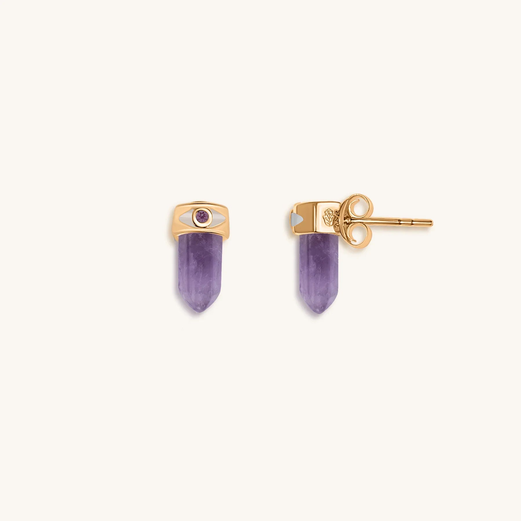 Soothing Remedy - Gold Plated Amethyst Evil Eye Pointer Earrings
