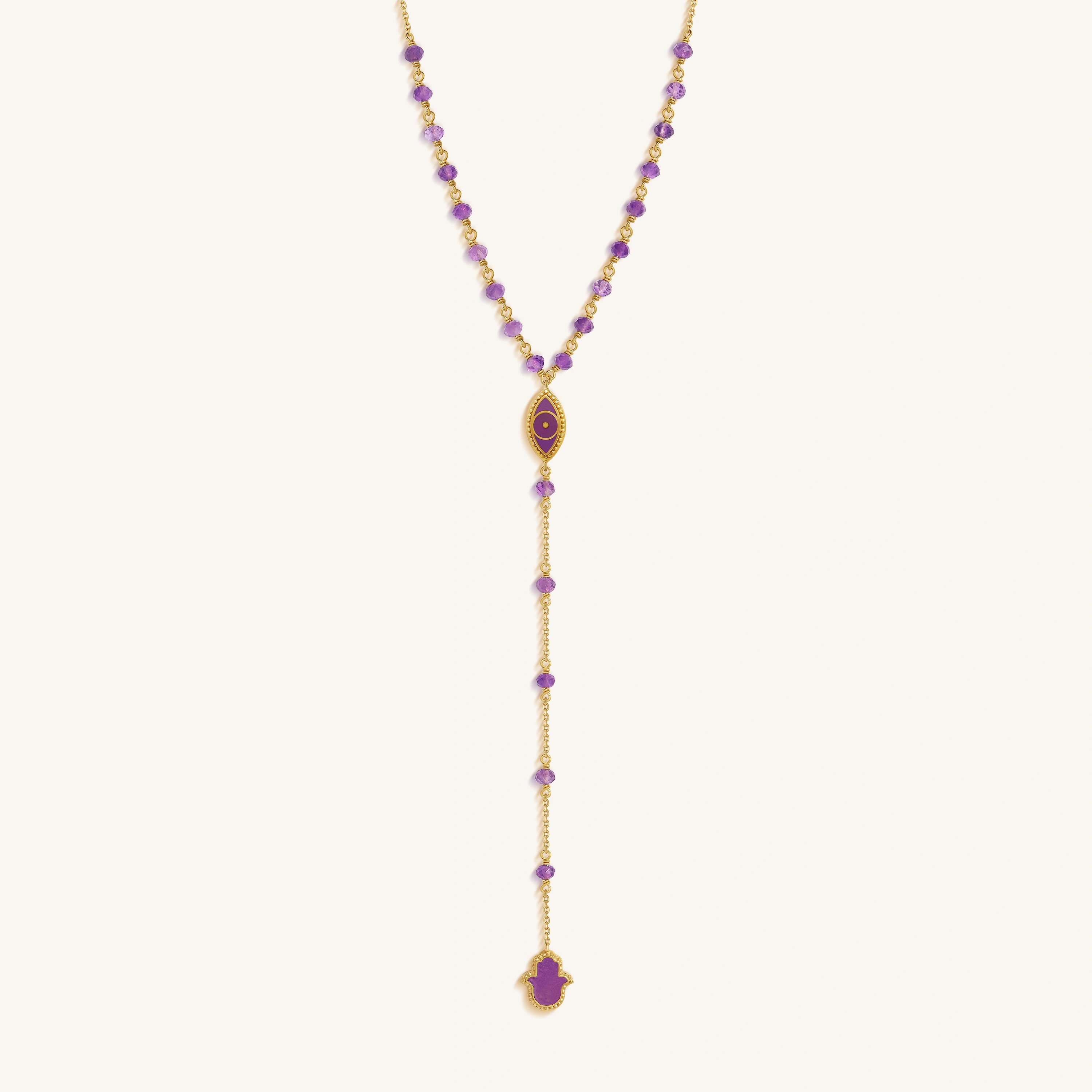 Guardian Spirit Amethyst Hamsa & Evil Eye Gold Necklace