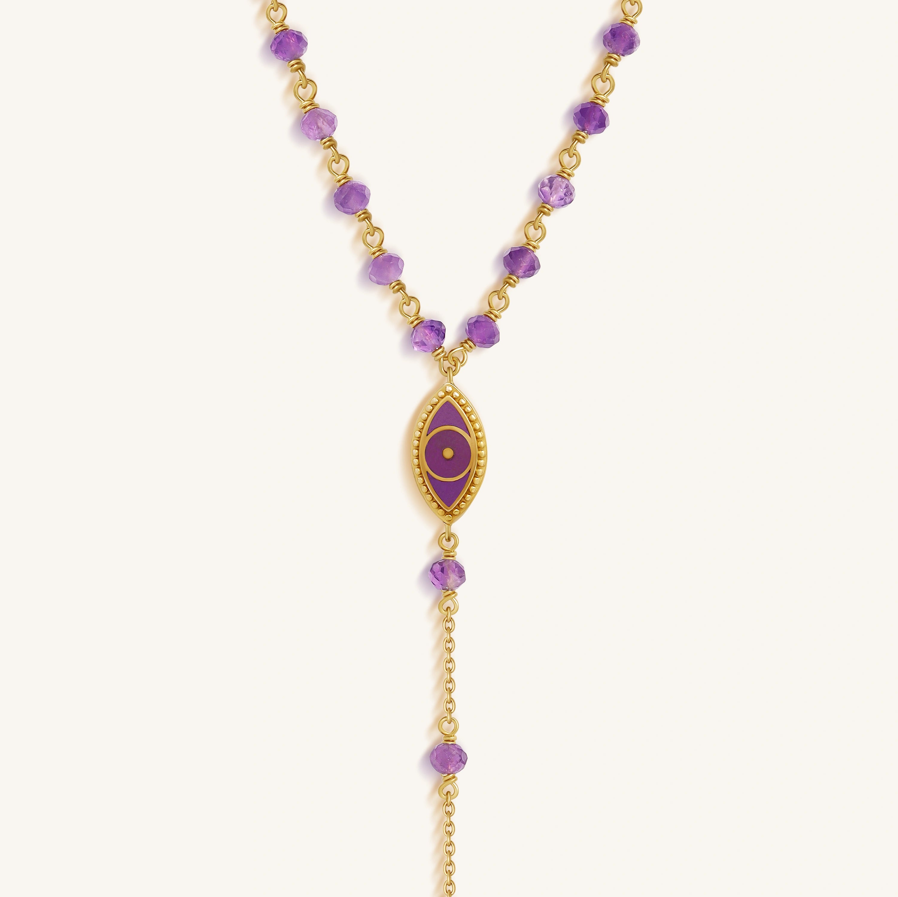 Guardian Spirit Amethyst Hamsa & Evil Eye Gold Necklace