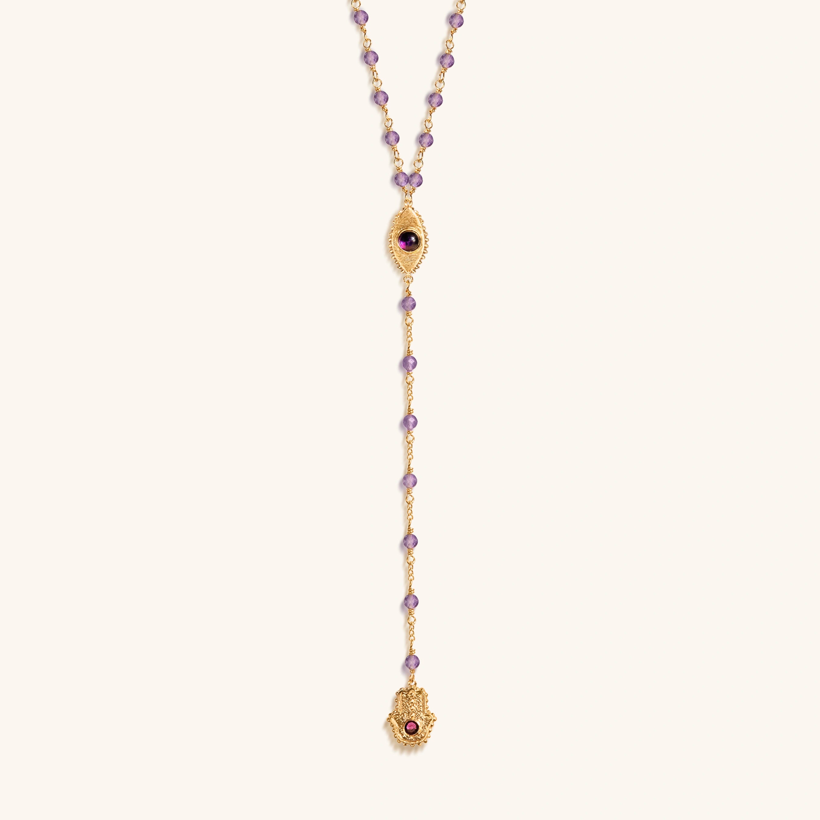Peace of Spirit - Amethyst Evil Eye Hamsa Lariat Necklace