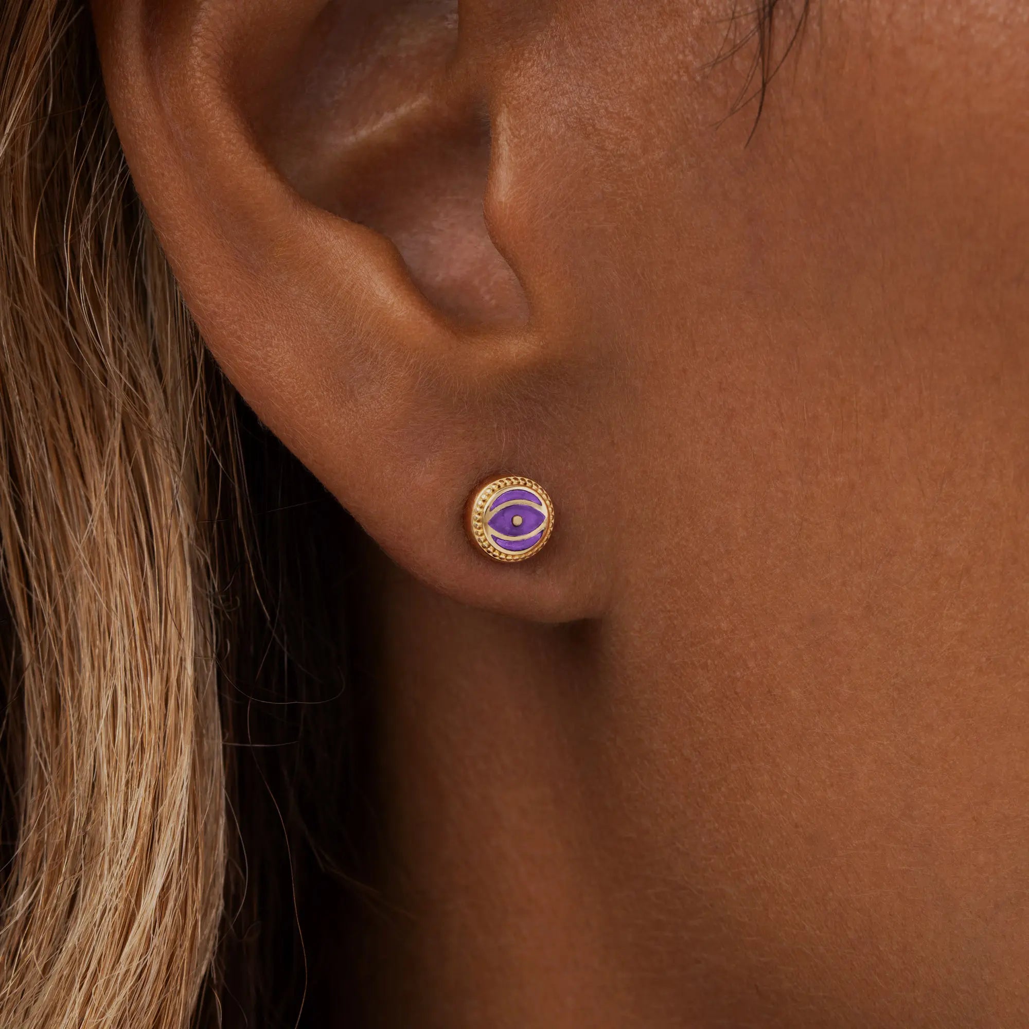 Mystic Guard - Amethyst February Birthstone Evil Eye Gold Stud Earrings