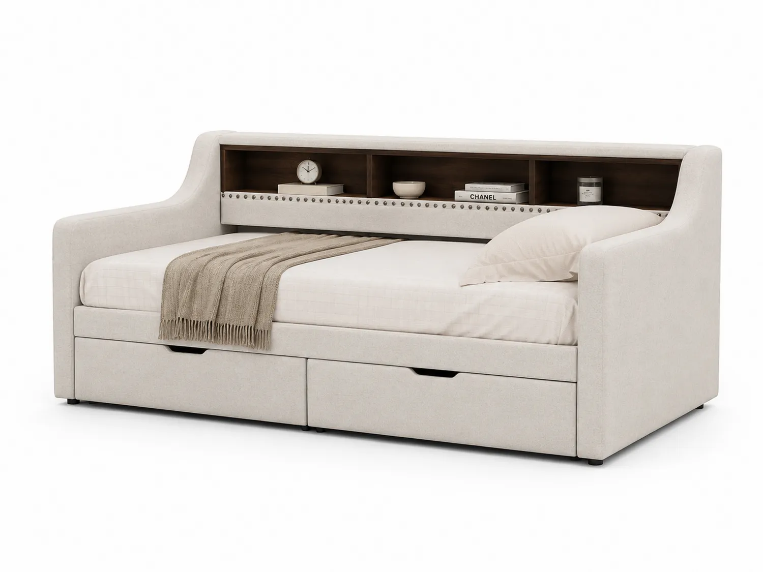 Leinen Tagesbett mit Regalfach und Schubladen Beige