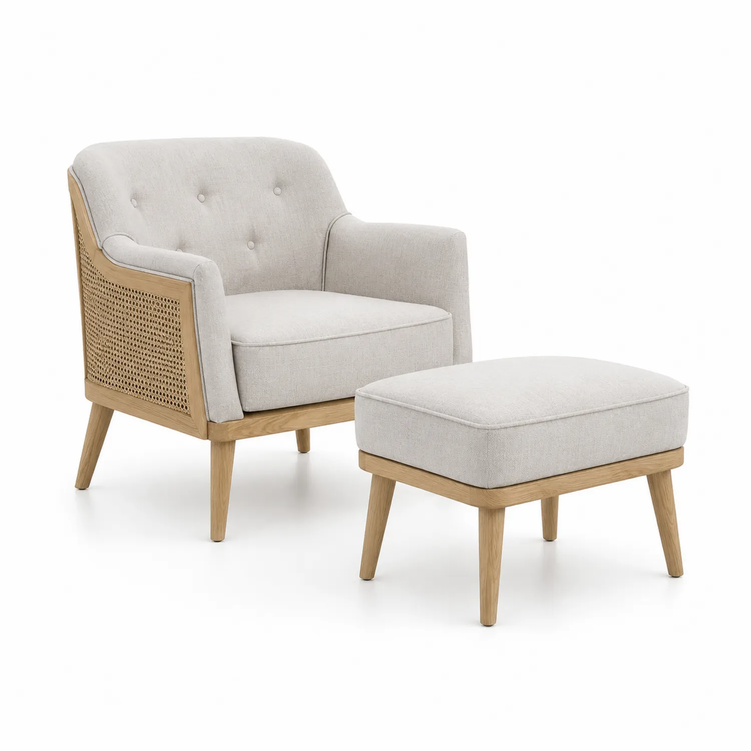 Leinen- und Holzsessel mit Hocker, Beige