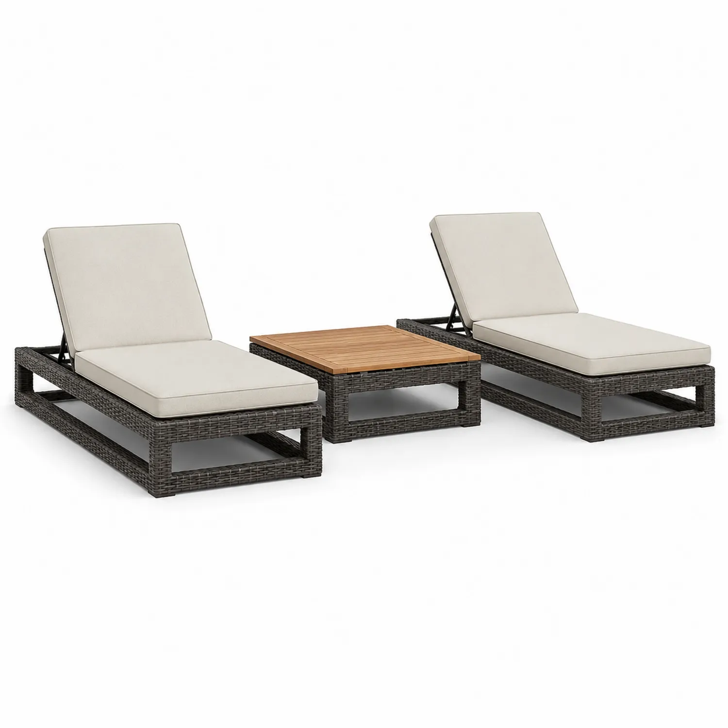 Outdoor Liegestuhl Set aus Polyrattan mit verstellbarer Rückenlehne und Tisch