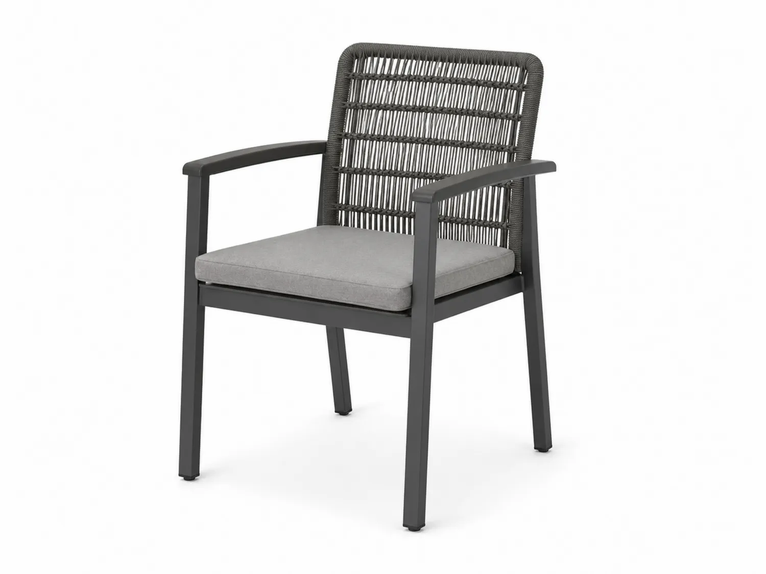 Aluminiumstuhl mit Polyrattan-Rückenlehne und grauem Sitzkissen