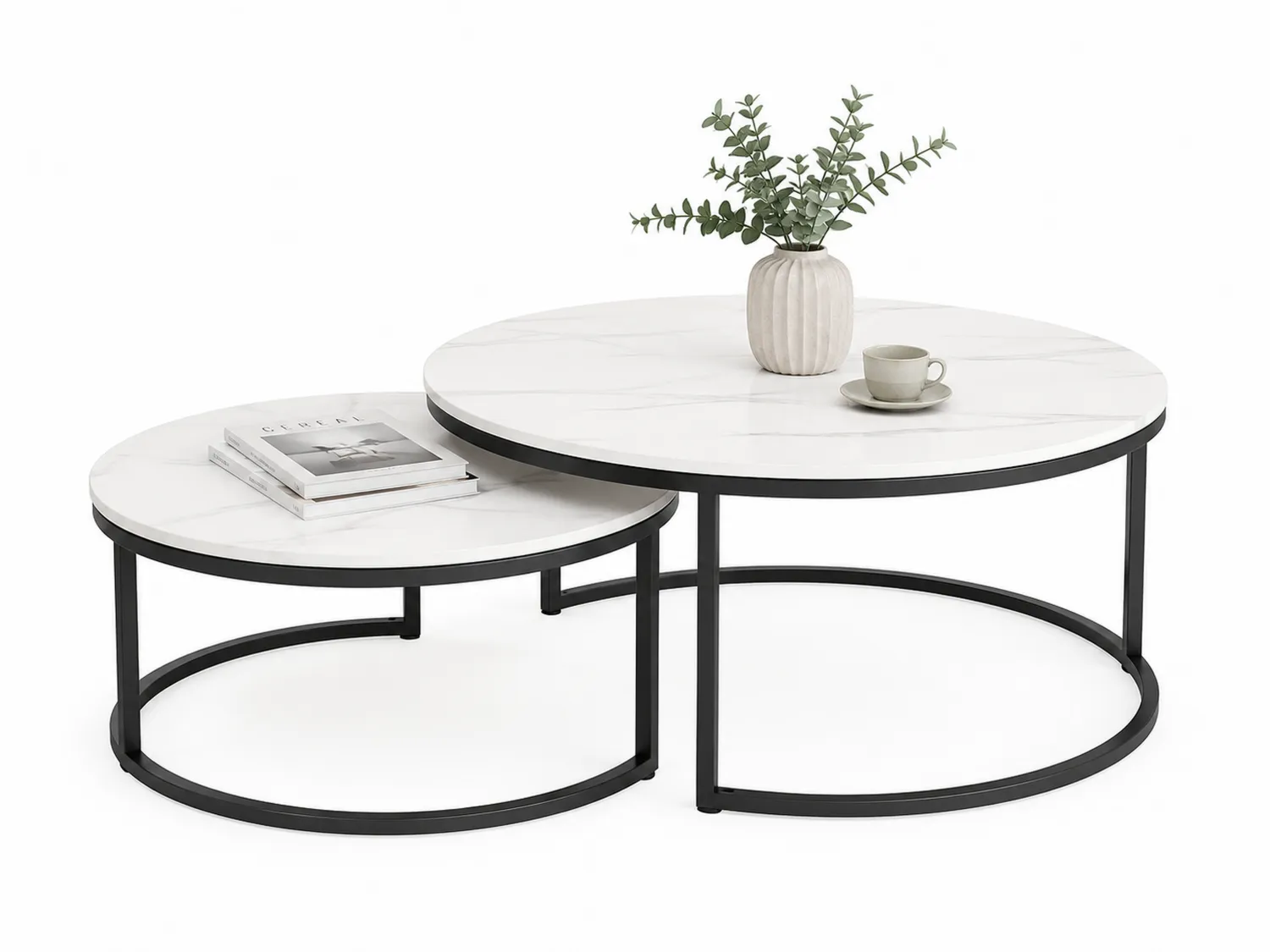 Rundes Couchtisch-Set mit Marmoroptik und Metallgestell, 80/60 cm