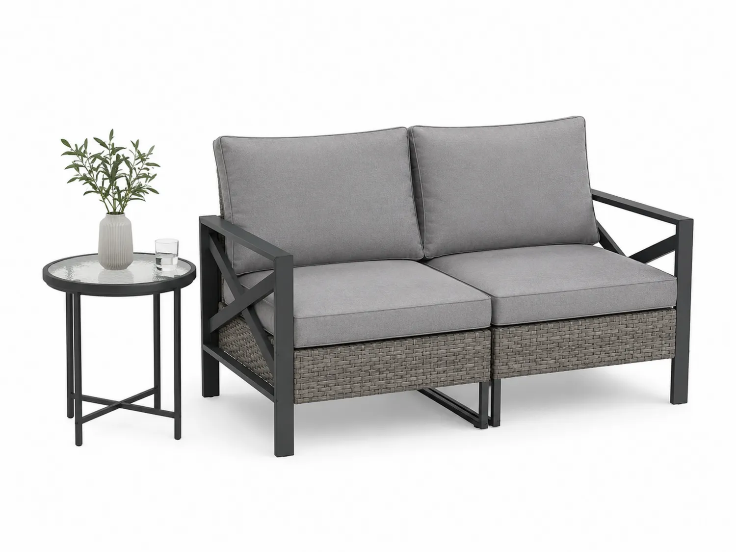 Gartensofa Set 2-Sitzer Grau Metallrahmen Polyestergemisch Kissen Gehärtetes Glas Tisch