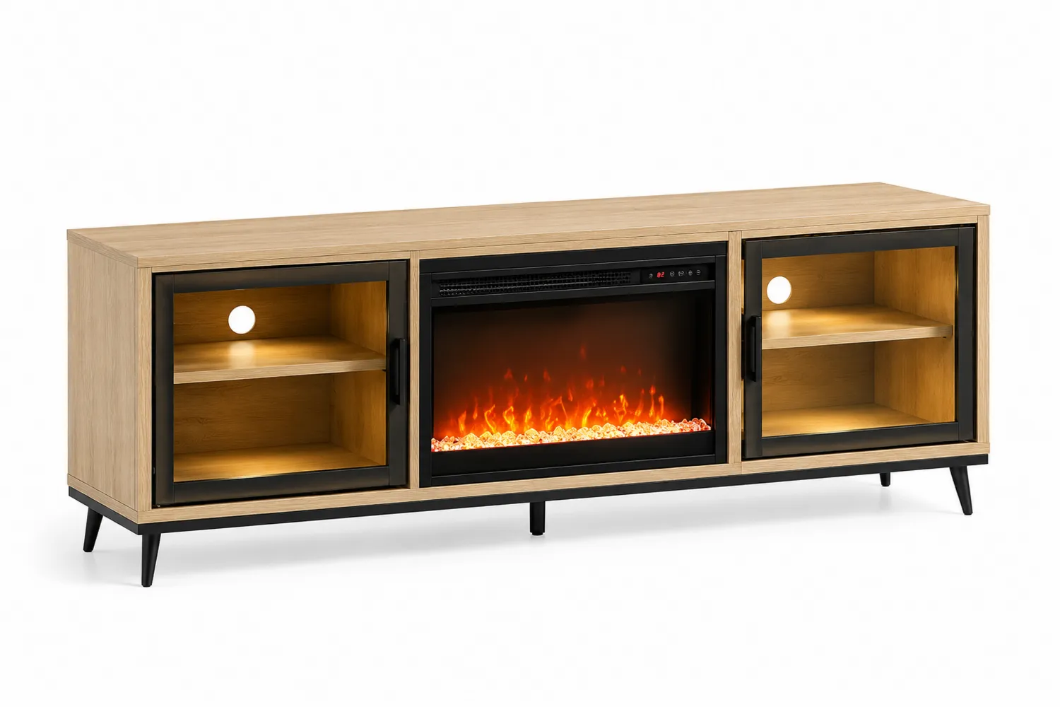 TV-Schrank mit Elektrokamin aus Holz und Glas in Schwarz, 150x50x40cm