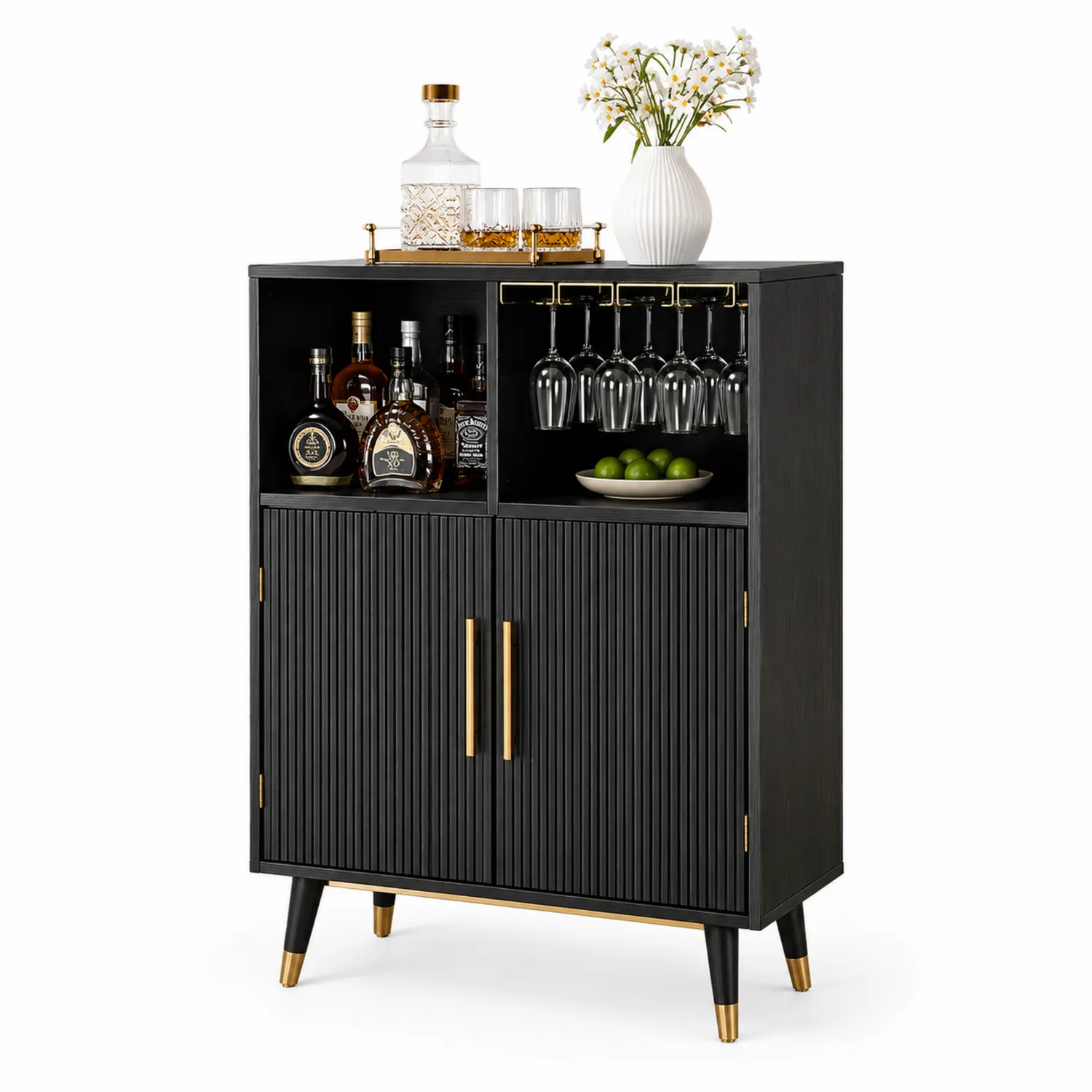 Schwarzer Bar- und Weinschrank aus MDF-Holz mit Metallgriffen