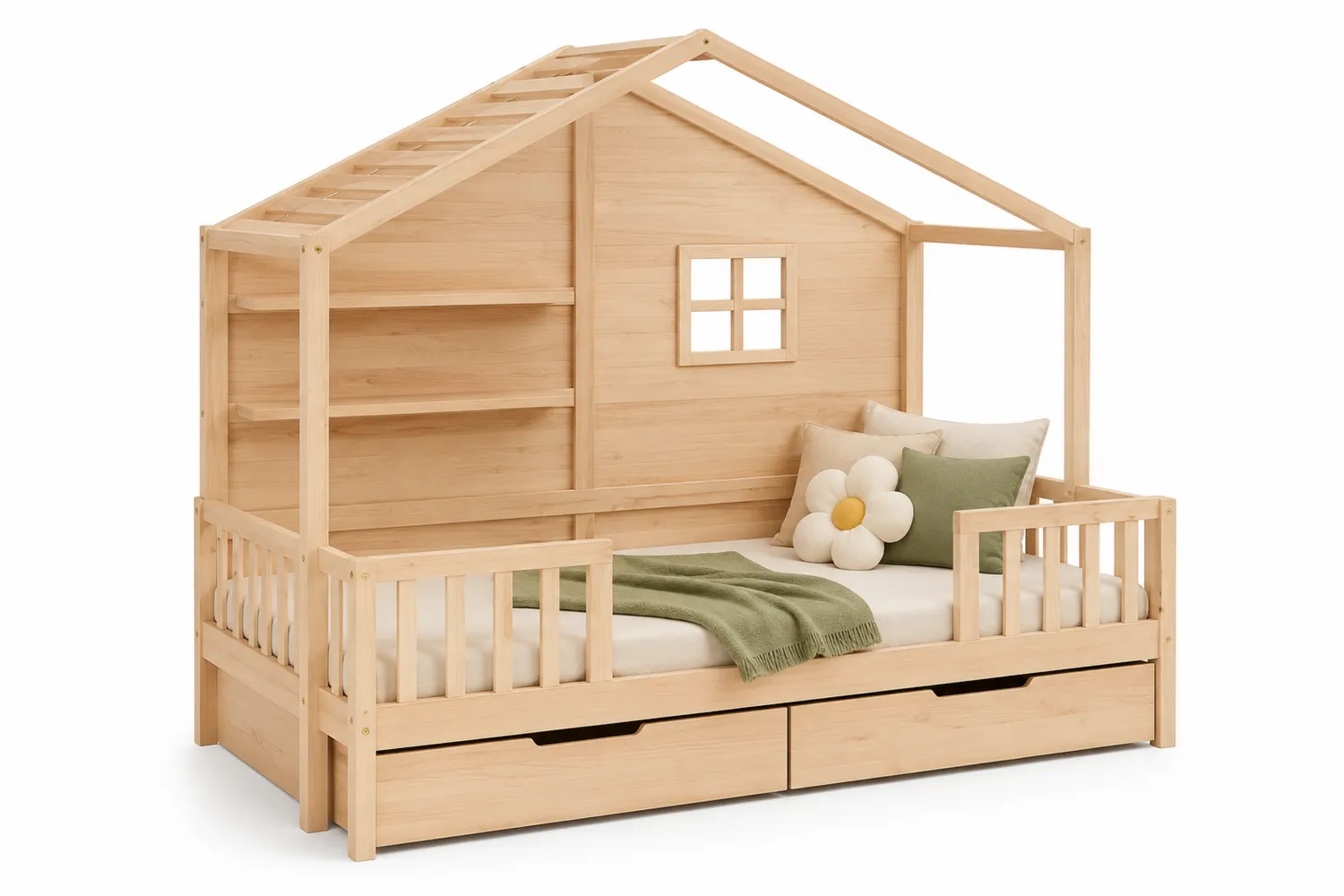 Kinder-Hausbett aus Kiefernholz mit Schubladen, Natur, 90x200 cm